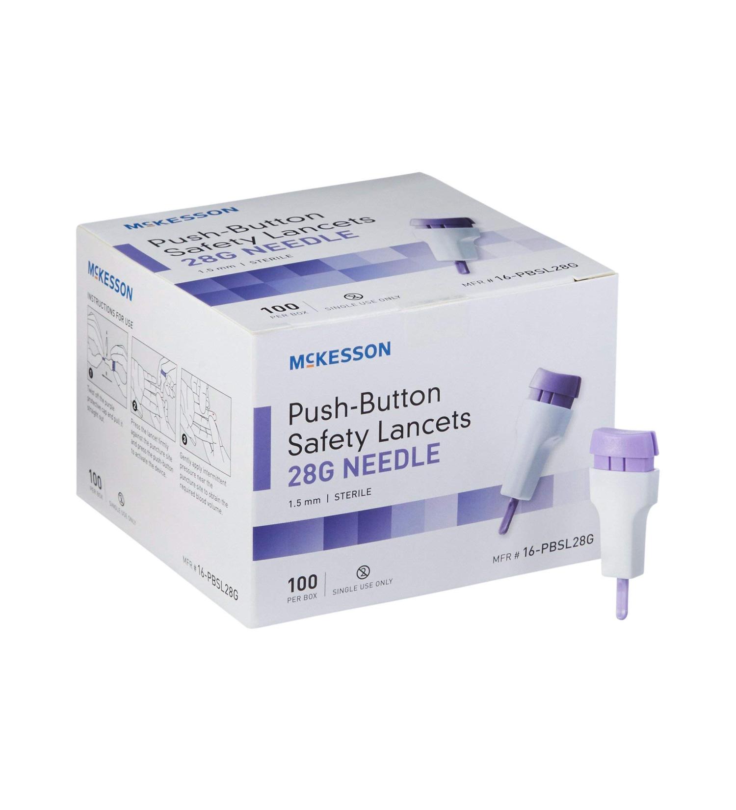 McKesson Safety Lancets 28G Sterile Push-Button Needle 1.5mm - 100 Count - Buy Online on GoSupps.com