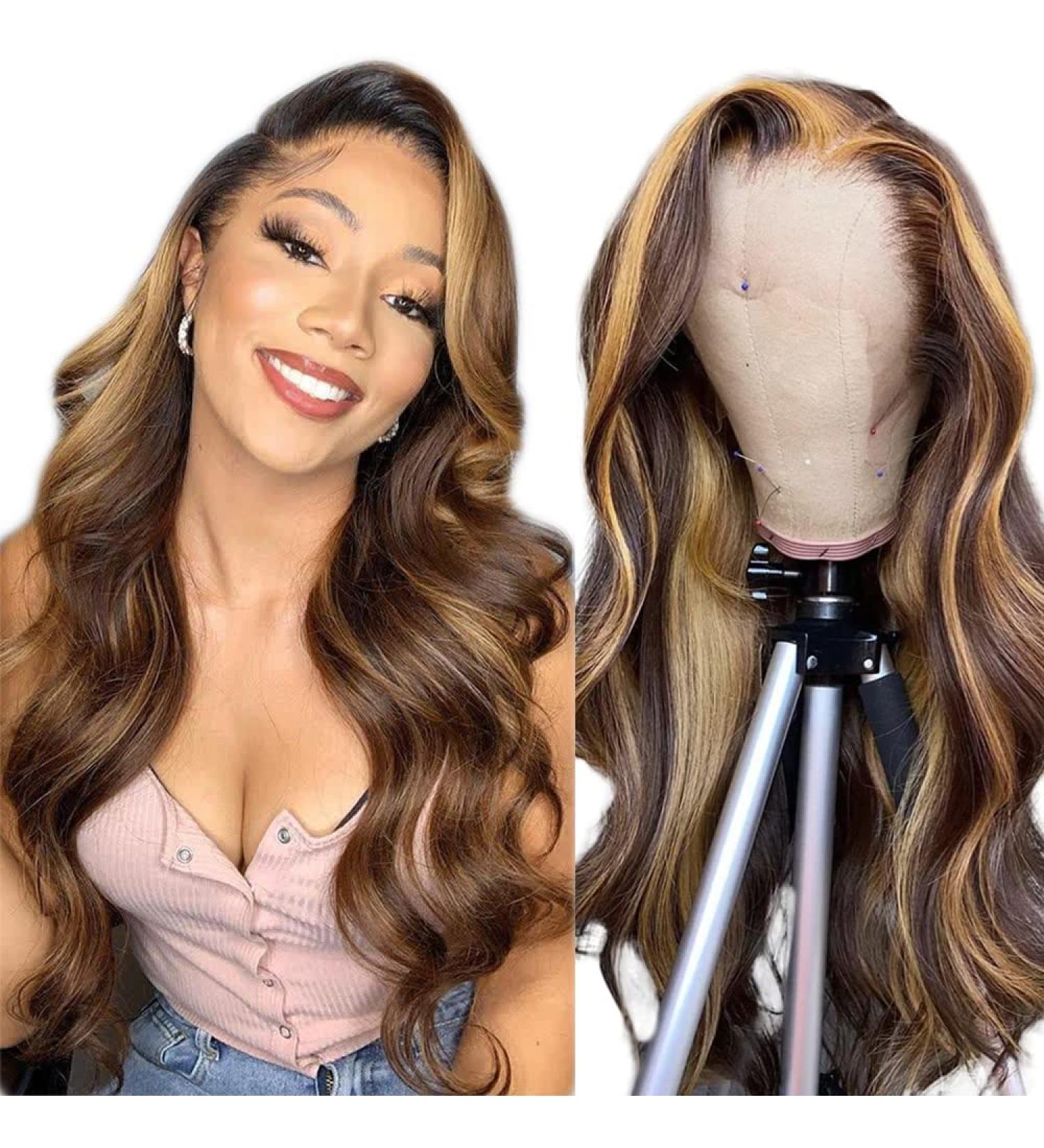 ABALON Honey Blonde Body Wave Ombre Lace Front Wig - 24 Inch 180% Density, Pre Plucked with Baby Hair, Colored Highlight P4/27, HD Transparent Lace Frontal Wig for Women - Buy Online on GoSupps.com