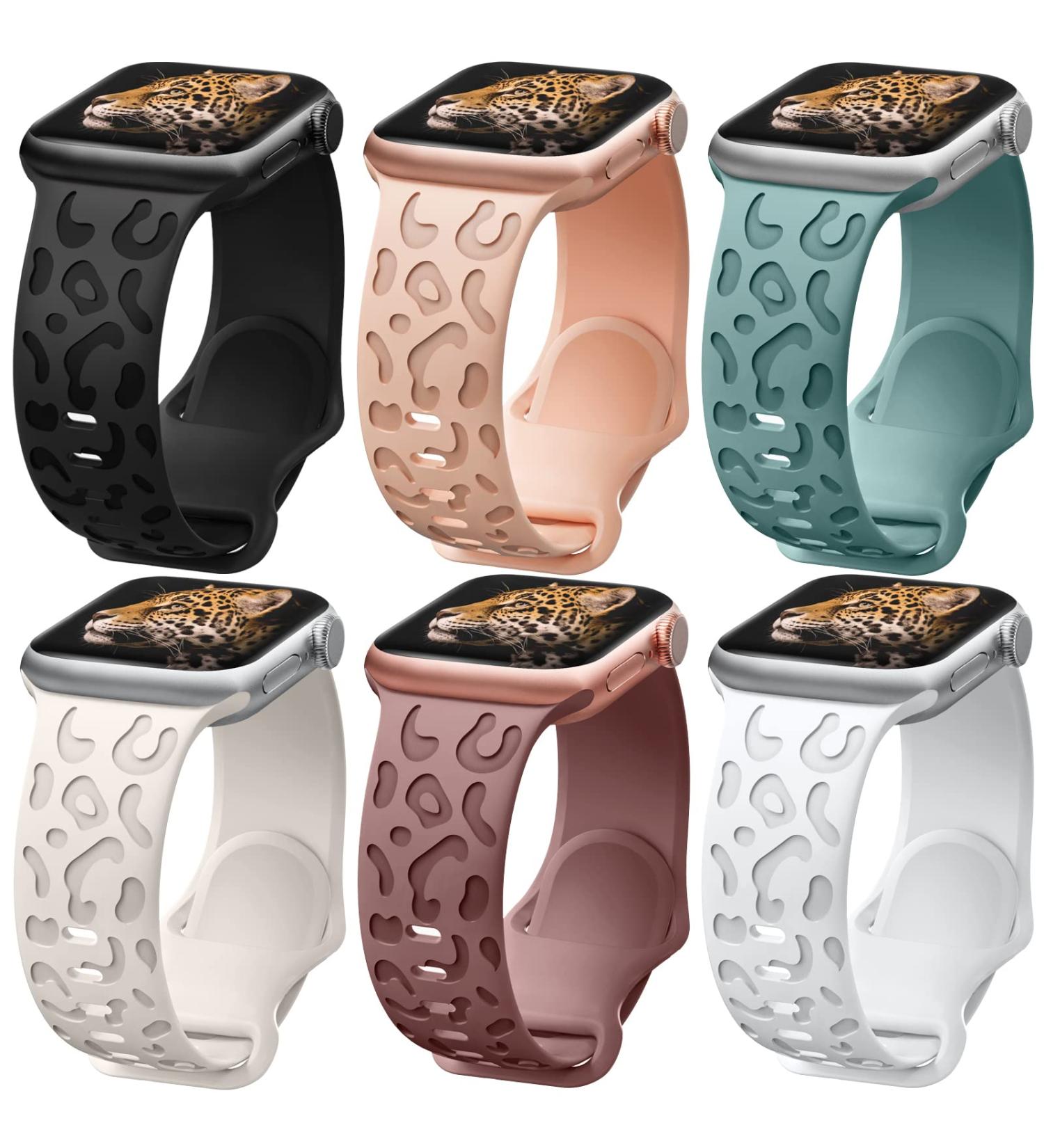 6 Pack Leopard Engraved Apple Watch Bands - Waterproof Cheetah Sport Silicone Wristbands for Women - Compatible with iWatch Series 8 7 6 5 4 3 2 SE - Starlight-38 A - Black/Pink Sand/Pine Green/Starlight/Smoke Violet/White - Buy Online on GoSupps.com