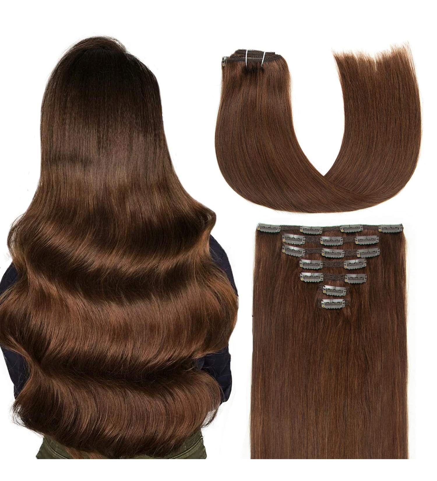 Agmity Chocolate Brown Clip-In Hair Extensions 40cm - 7 Pieces 120g 100% Remy Real Hair Invisible & Smooth #4 - Buy Online on GoSupps.com