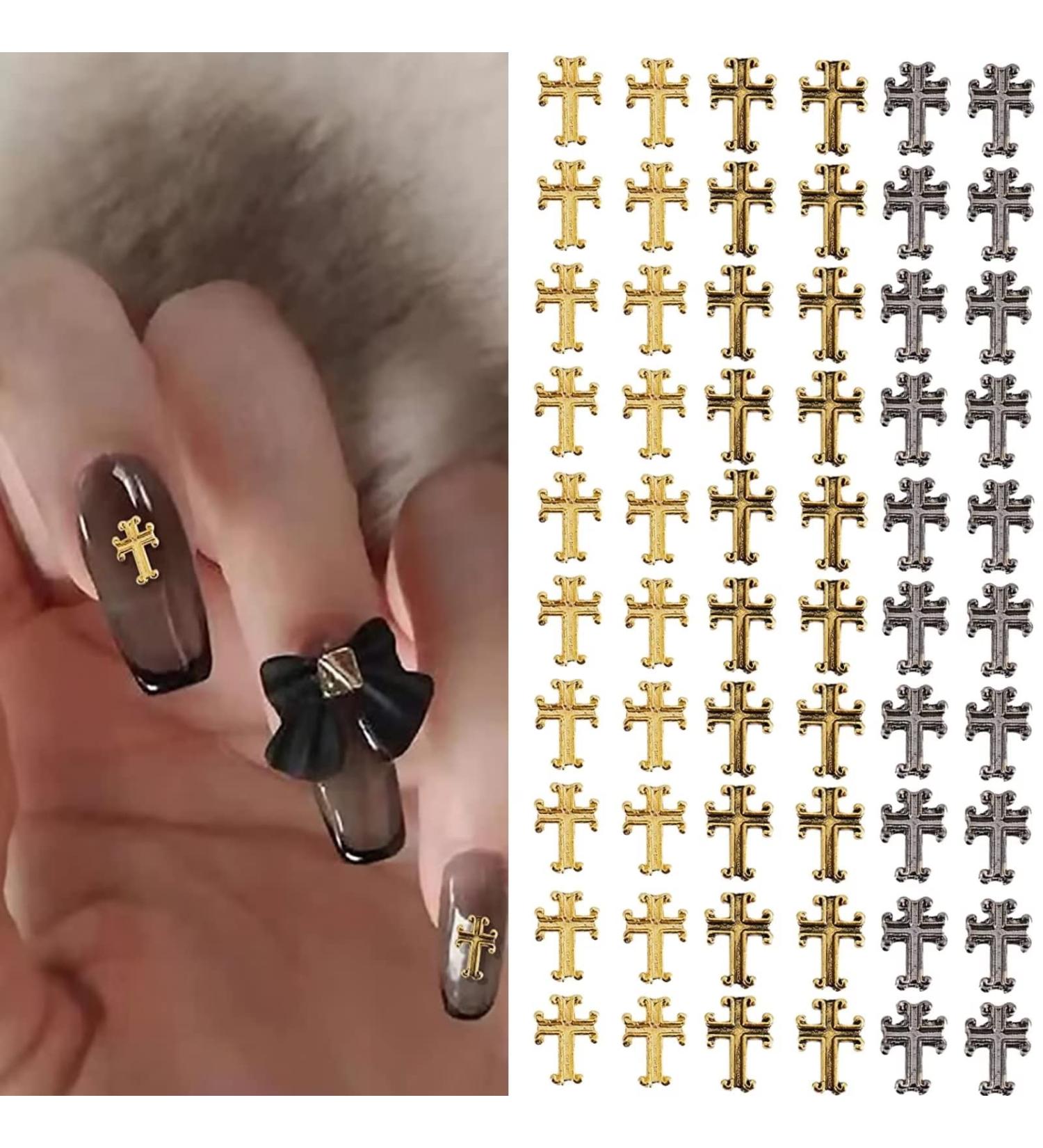 RUNRAYAY 60Pcs Cross Nail Art Studs for Nail Art Accessories Gold & Silver & Gray 3D Metal Retro Punk Nail Charms Cross Shape Nail Decoration for Women Girl DIY Nail Art Decor - Buy Online on GoSupps.com