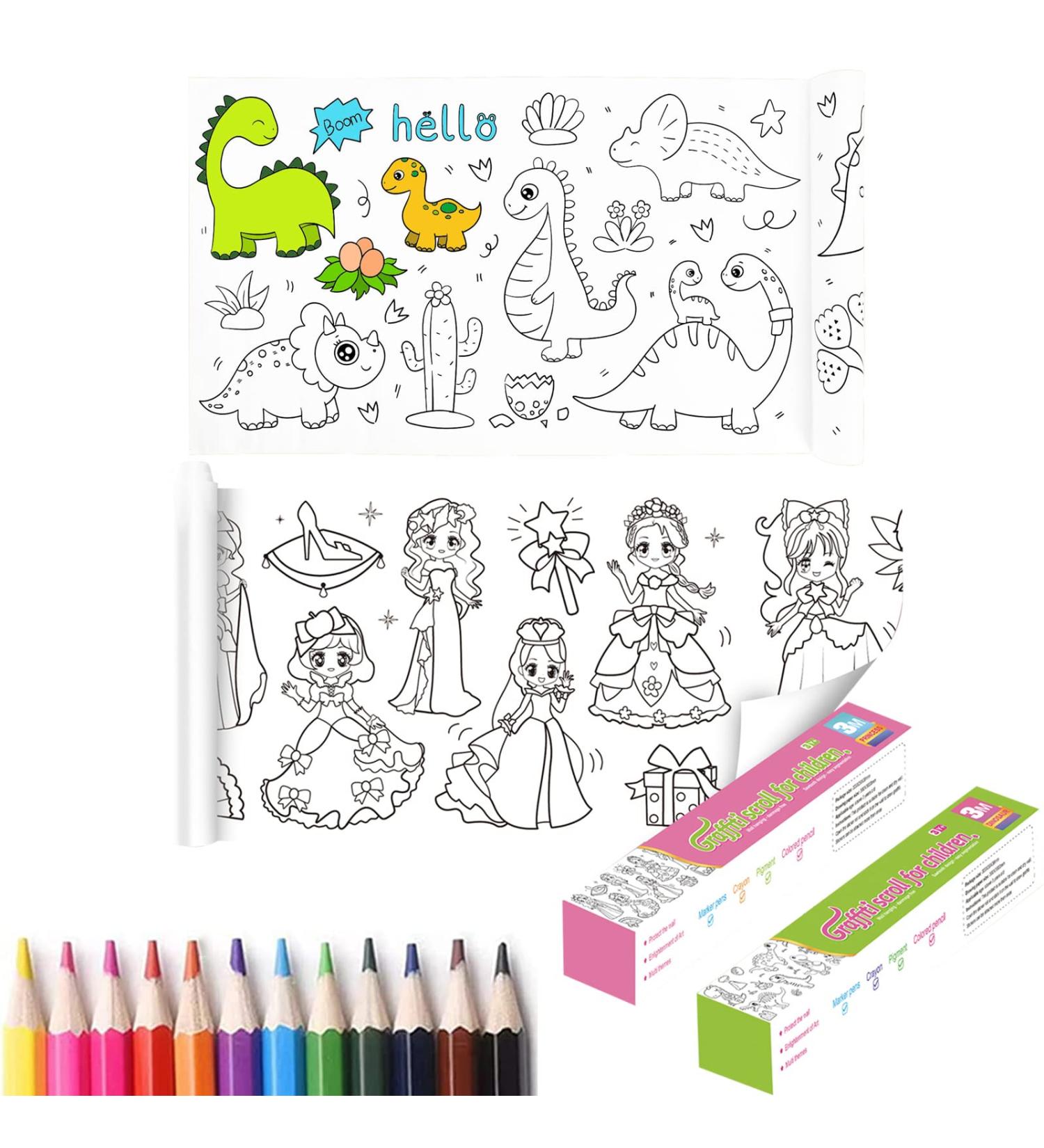 2PCS Children's Drawing Roll Paper with 12 Colored Pencils - Cute Princess and Dinosaur Paradise Theme - Ideal for Kids Coloring and Creative Art Projects - Buy Online on GoSupps.com