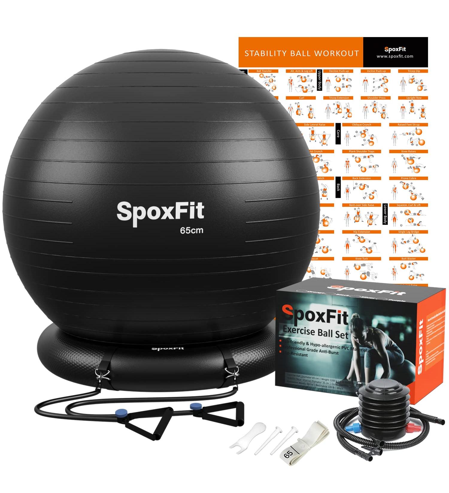 SpoxFit 65cm Exercise Ball - Anti-Burst Yoga Ball for Birthing & Core Strength Training | Includes Quick Pump & Workout Poster - Black - Buy Online on GoSupps.com