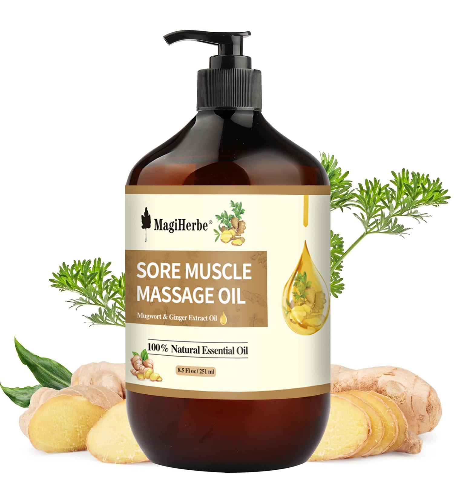 Sore Muscle Massage Oil 251ML - Pure Ginger & Mugwort Essential Oil Blend for Warming, Repelling Cold, and Relaxing Active Body Relief - Buy Online on GoSupps.com