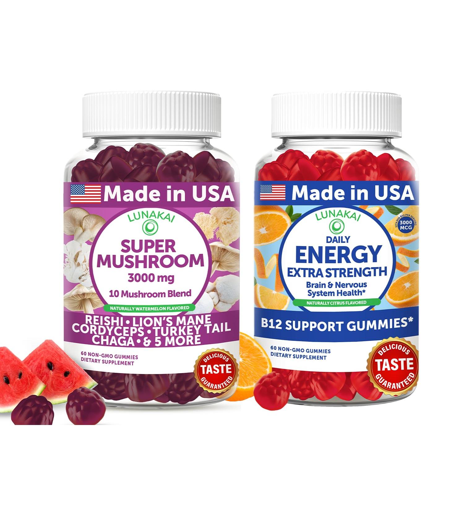Lunakai USA Made Super Mushroom & Energy B12 Gummies Bundle 10-Mushroom Complex & Daily B12 Support 60 Non-GMO Gummies Each - Buy Online on GoSupps.com