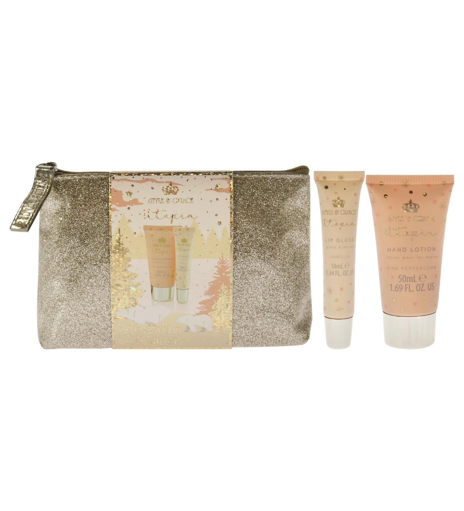 Utopia Glitter Bag Set for Women - 3 Pc 1.7oz Hand Lotion 0.34oz Lip Gloss Sequin Bag