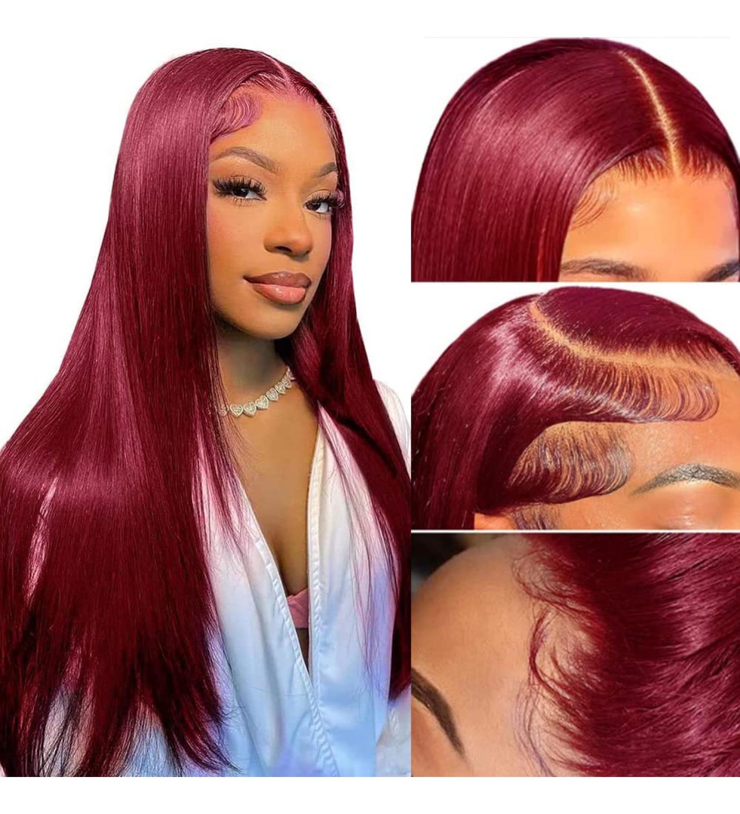 AMILICOCO Burgundy Lace Front Human Hair Wig 24 Inch - Pre Plucked, 180% Density, Straight 13x4 HD Lace Front with Baby Hair - for Black Women - Buy Online on GoSupps.com