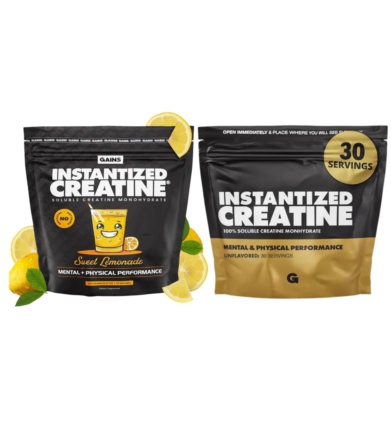Gains in Bulk Instantized Creatine Monohydrate for Women and Men Soluble Pre Workout Powder Supports Muscle Building Strength and Performance Unflavored and Sweet Lemonade 60 Servings