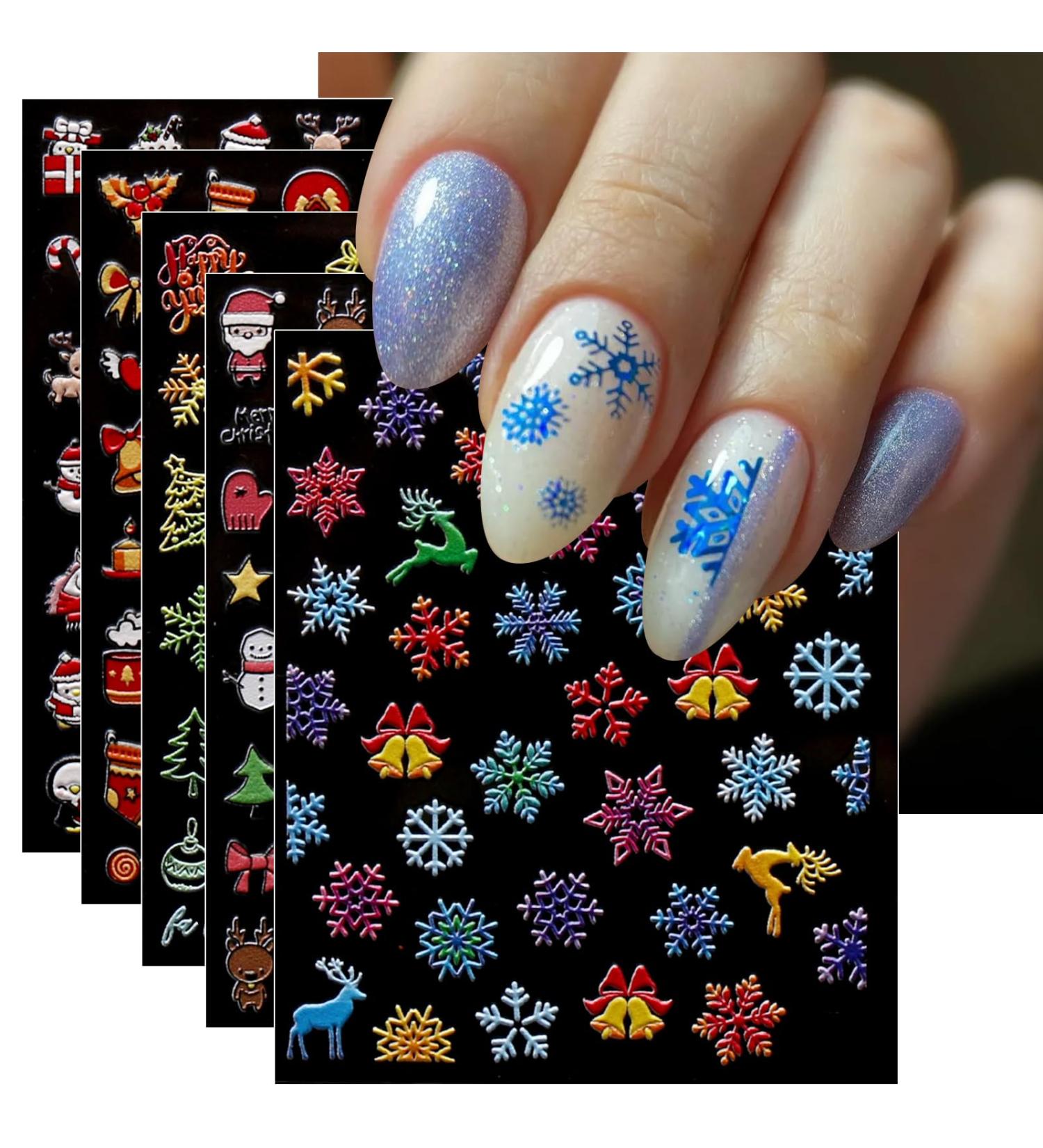 JMEOWIO 6 Sheets 3D Embossed Christmas Nail Art Stickers Decals Self-Adhesive 5D Snowflake Xmas Winter Holiday Cute Colorful Nail Supplies Nail Art Design Decoration Accessories - Buy Online on GoSupps.com