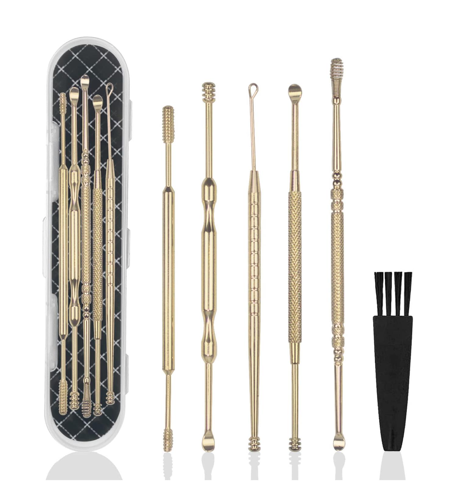 6 Pcs Professional Double-Headed Ear Wax Removal Kit | Stainless Steel Ear Pick Tools with Cleaning Brush and Storage Box - Suitable for Kids and Adults (Gold) - Buy Online on GoSupps.com