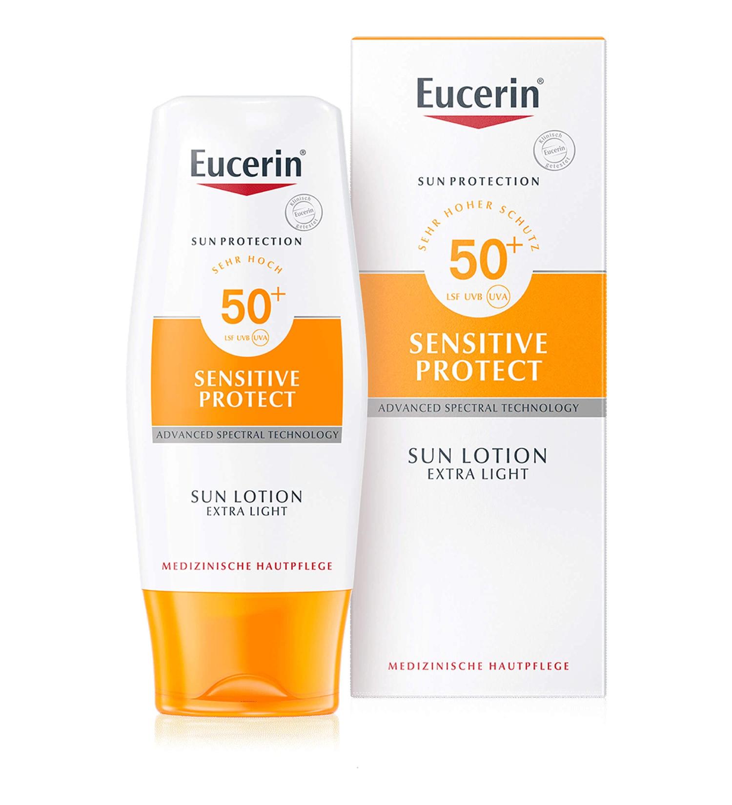 Eucerin Sensitive Protect Sun Lotion Extra Light SPF 50+ | 150 ml - Ultimate UV Protection for All Skin Types - Buy Online on GoSupps.com