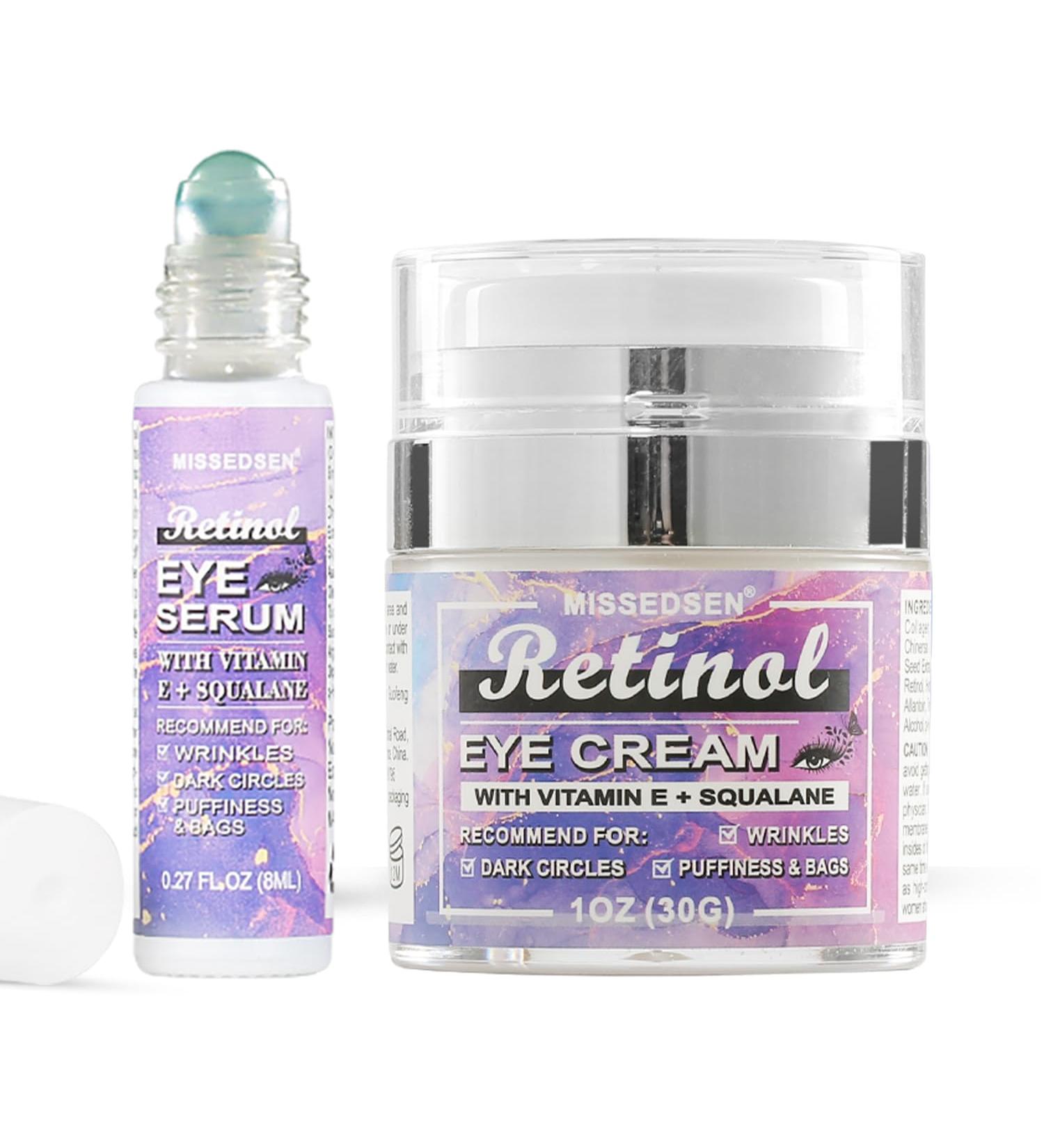 Eye Cream & Roller Serum Set with Retinol Vitamin E Squalane Hyaluronic Acid for Dark Circles Eye Bags & Fine Lines Under Eyes Brighten Under Eyes 1OZ&0.27OZ - Buy Online on GoSupps.com