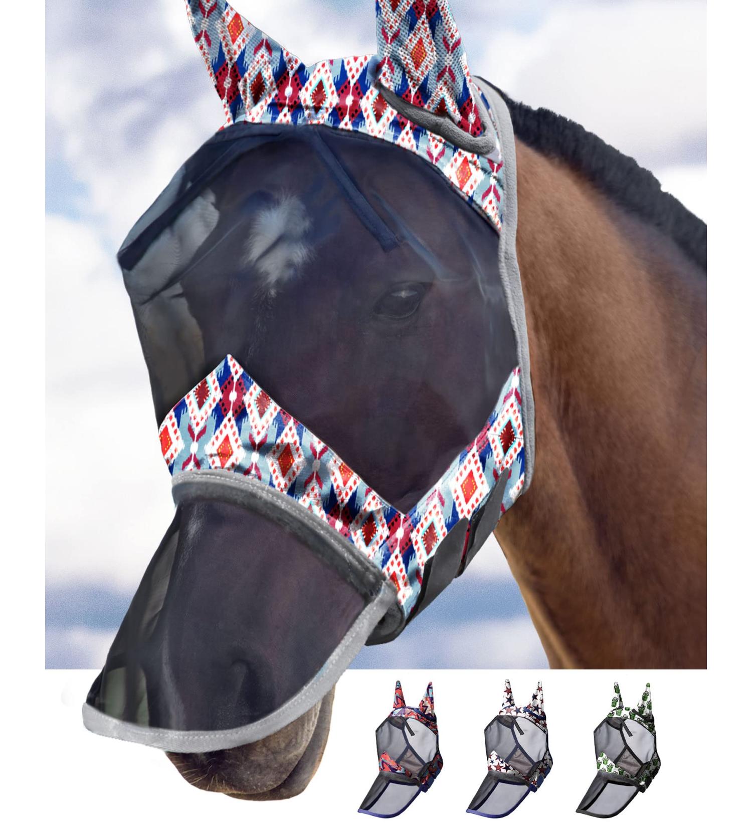 Harrison Howard CareMaster Horse Fly Mask - Long Nose & Ears UV Protection - Tribal Diamond (XL) - Best for Horses - Buy Online on GoSupps.com