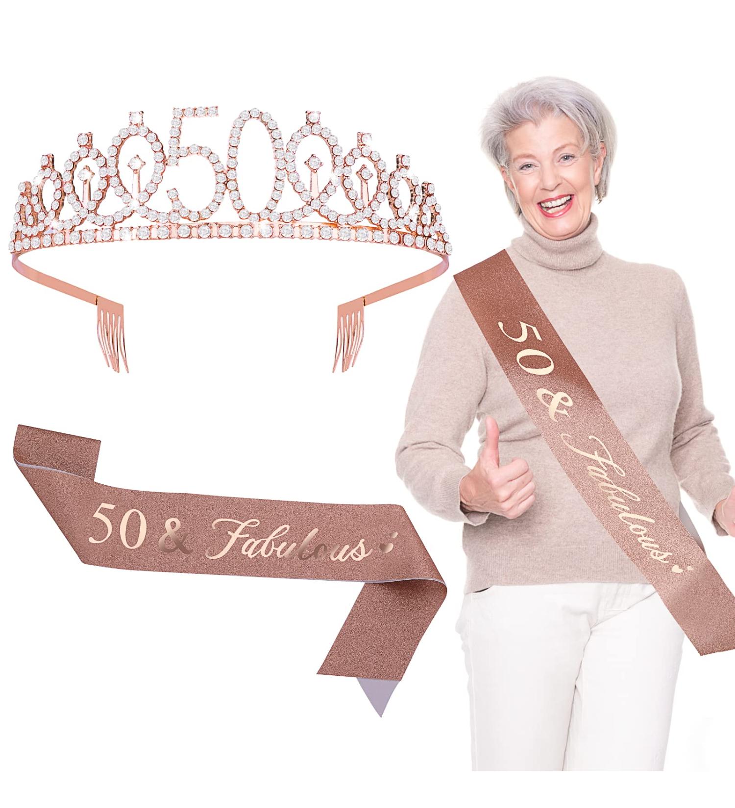 WLLHYF 50th Birthday Queen Sash and Rhinestone Tiara Set - Crystal Hair Band and Decorations for Women's 50th Birthday Celebration - Buy Online on GoSupps.com