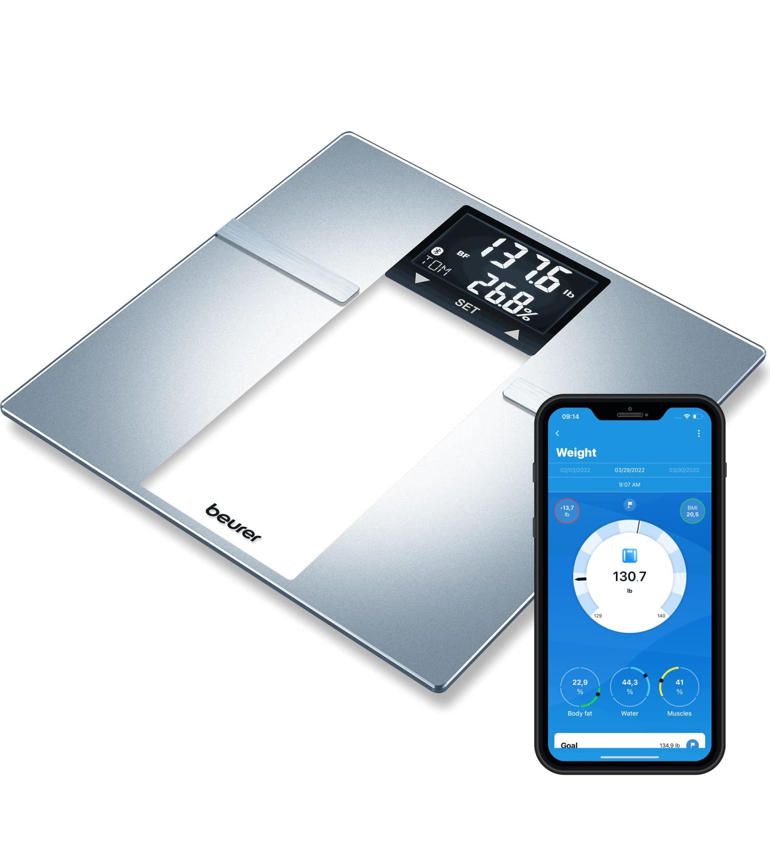 Beurer BF720 Smart Scale - Body Fat, Water, Calorie Data - 400 lb Capacity - Bluetooth & User Recognition - XL LCD Display - Body Analysis - Grey Silver - Buy Online on GoSupps.com