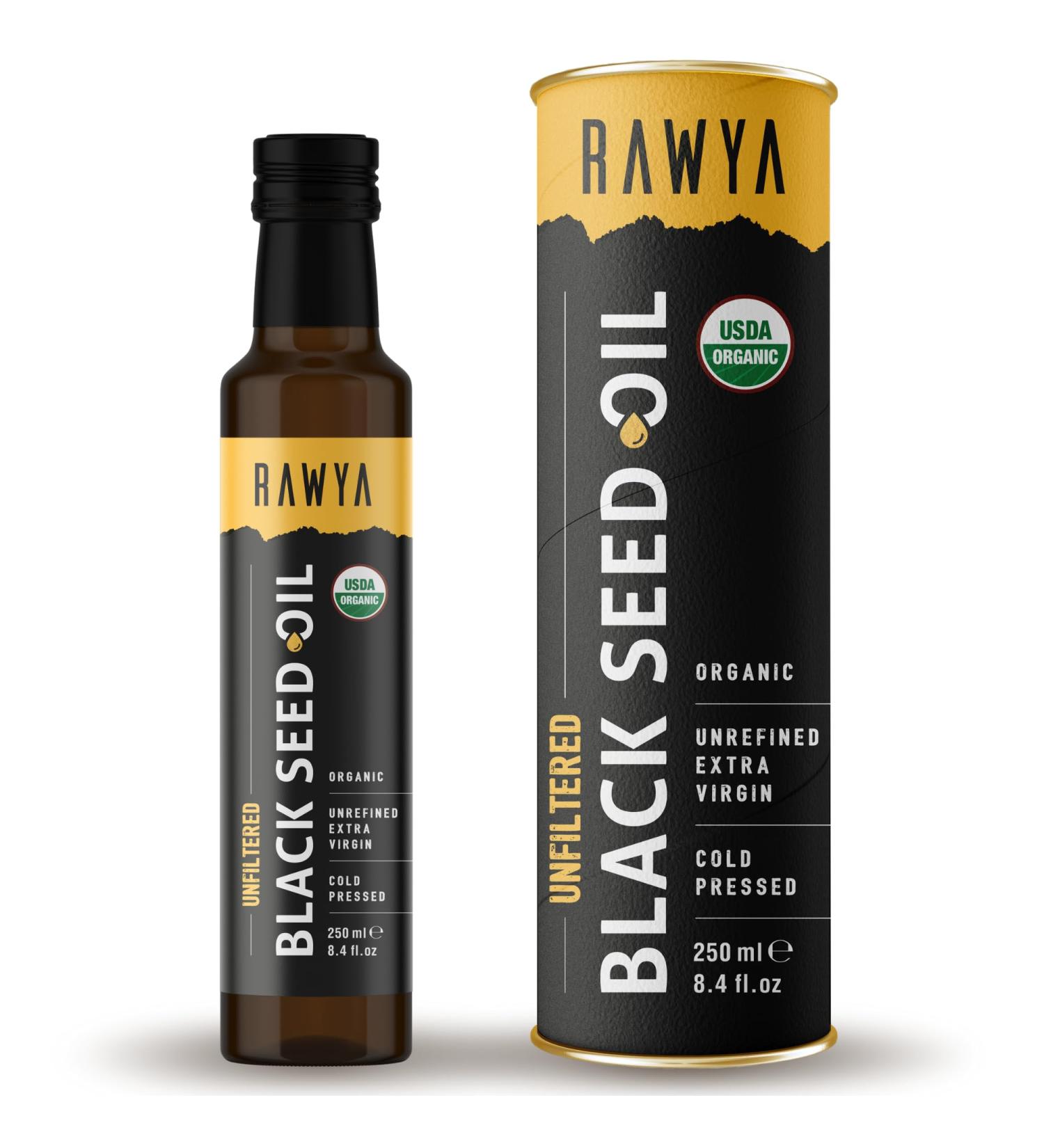 Organic Unfiltered RAWYA Black Seed Oil 250ml - Cold Pressed Nigella Sativa Oil in Glass Bottle - Buy Online on GoSupps.com