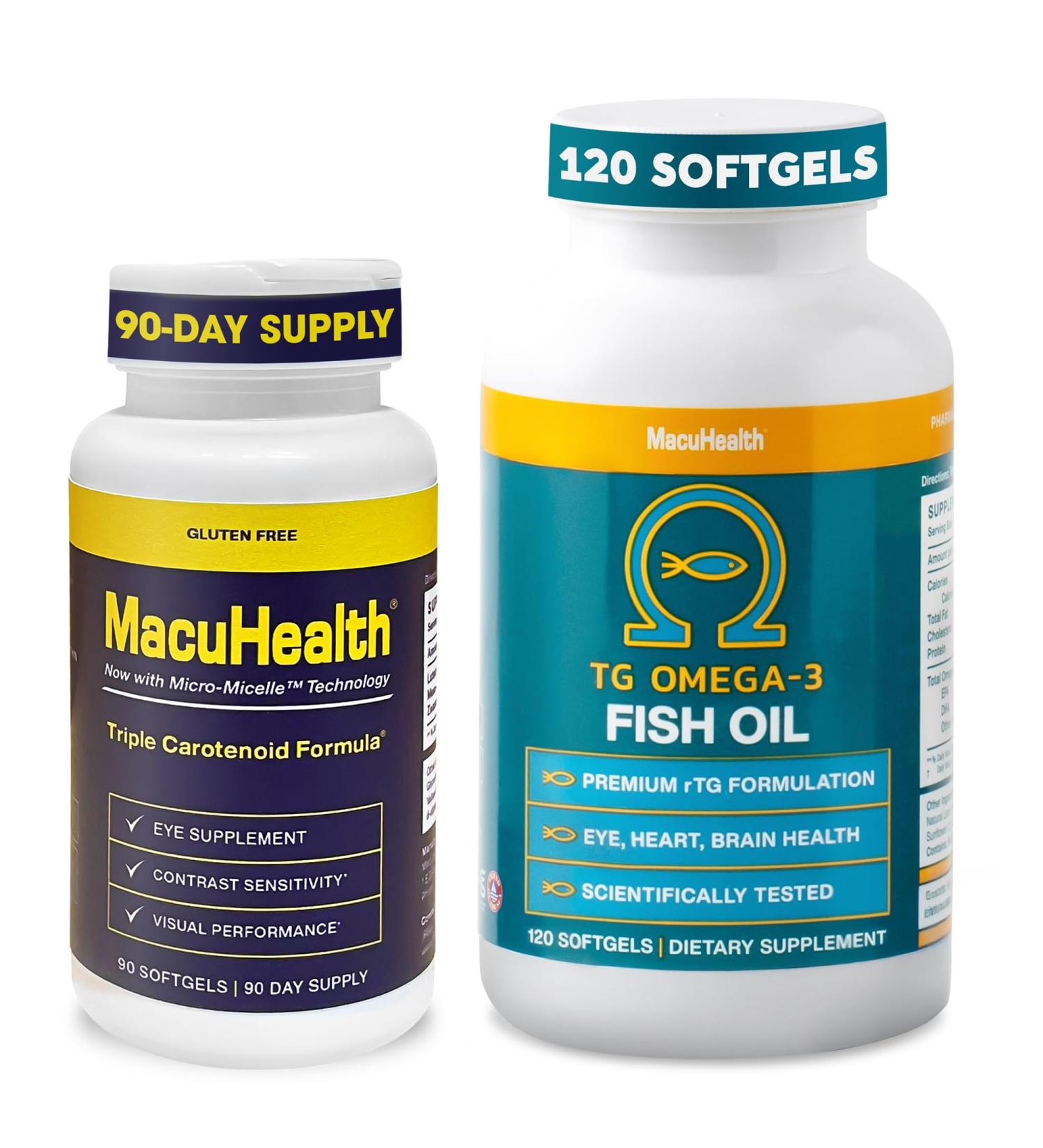 Macuhealth Triple Carotenoid Formula - Eye Vitamins for Adults 90 Softgels (3-Month Supply) + Omega 3 Fish Oil - 1100mg DHA 1100mg EPA Triglyceride Formula 120 Softgels for Overall Wellness - Buy Online on GoSupps.com