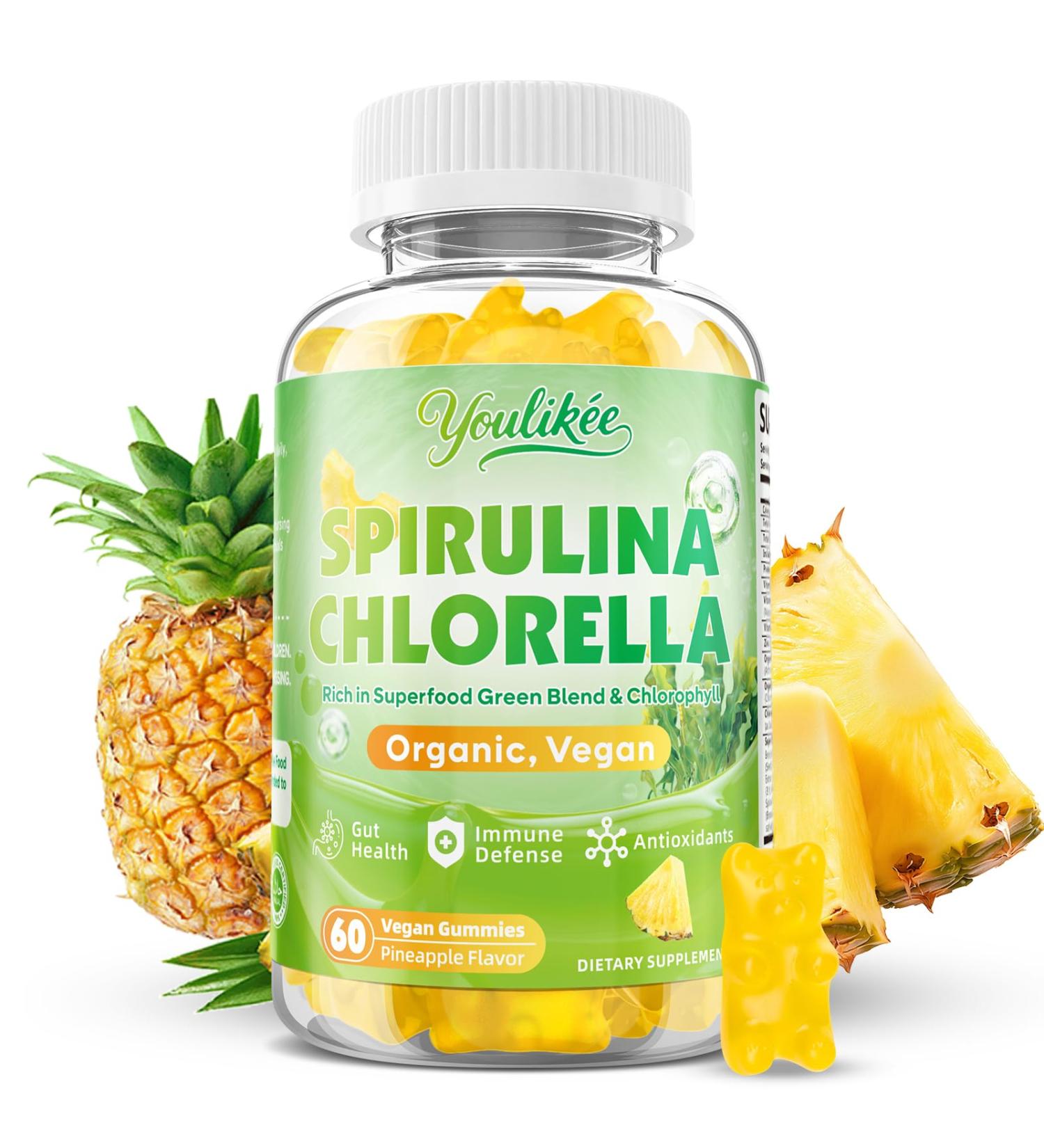 Organic Spirulina Chlorella Gummies Super Greens Blend with Protein Chlorophyll Vitamin C D3 B12 Zinc Supports Daily Energy Immune System & Antioxidant Intake Pineapple Flavor 60 Count 60 Count (Pack of 1) - Buy Online on GoSupps.com