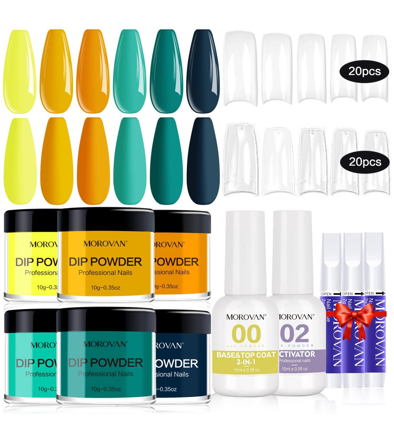 Morovan Dip Powder Nail Kit Starter - 6 Colors with Base & Top Coat, Activator, False Nail Tips, Glue - DIY Green French Manicure - Buy Online on GoSupps.com