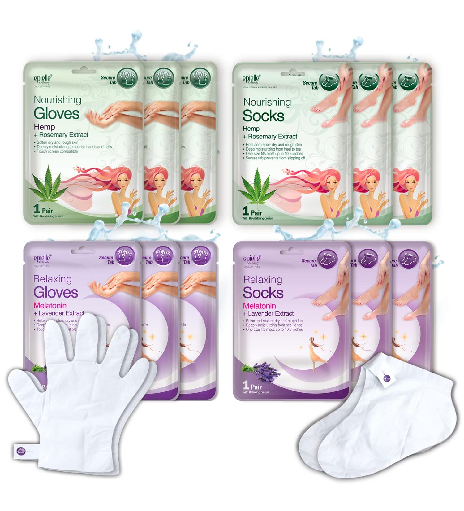 Epielle Lavender and Hemp Socks and Gloves Set | Moisturizing Cream with Relaxing Lotion | 12 Pack Gift for Women | Spa Relaxation Gift in Purple - Buy Online on GoSupps.com