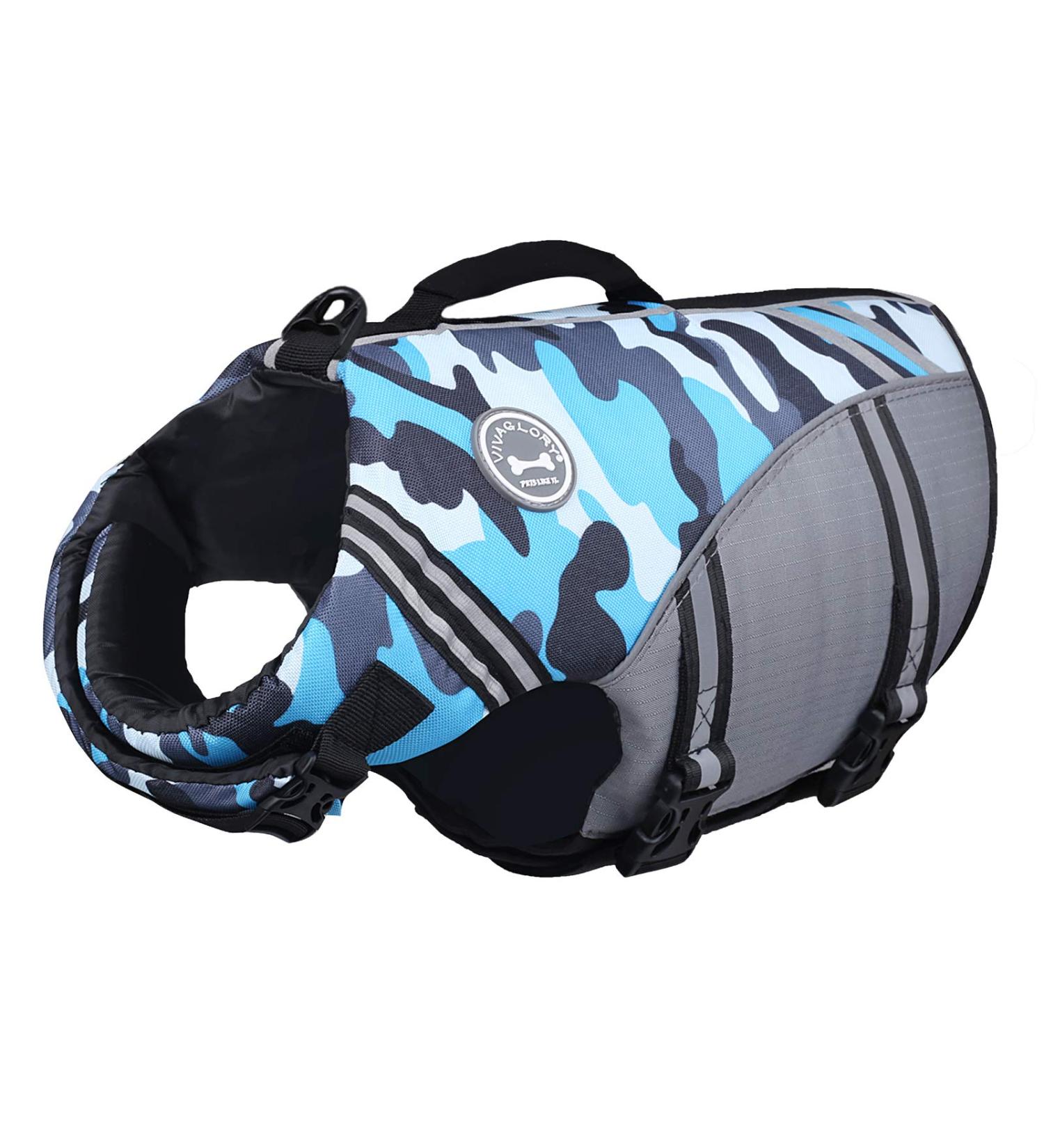 Vivaglory Camo Blue Dog Life Jacket - Durable Adjustable Floatation for Large Dogs (Chest 66-79 cm) - Excellent Buoyancy & Safe Fastening System - Buy Online on GoSupps.com
