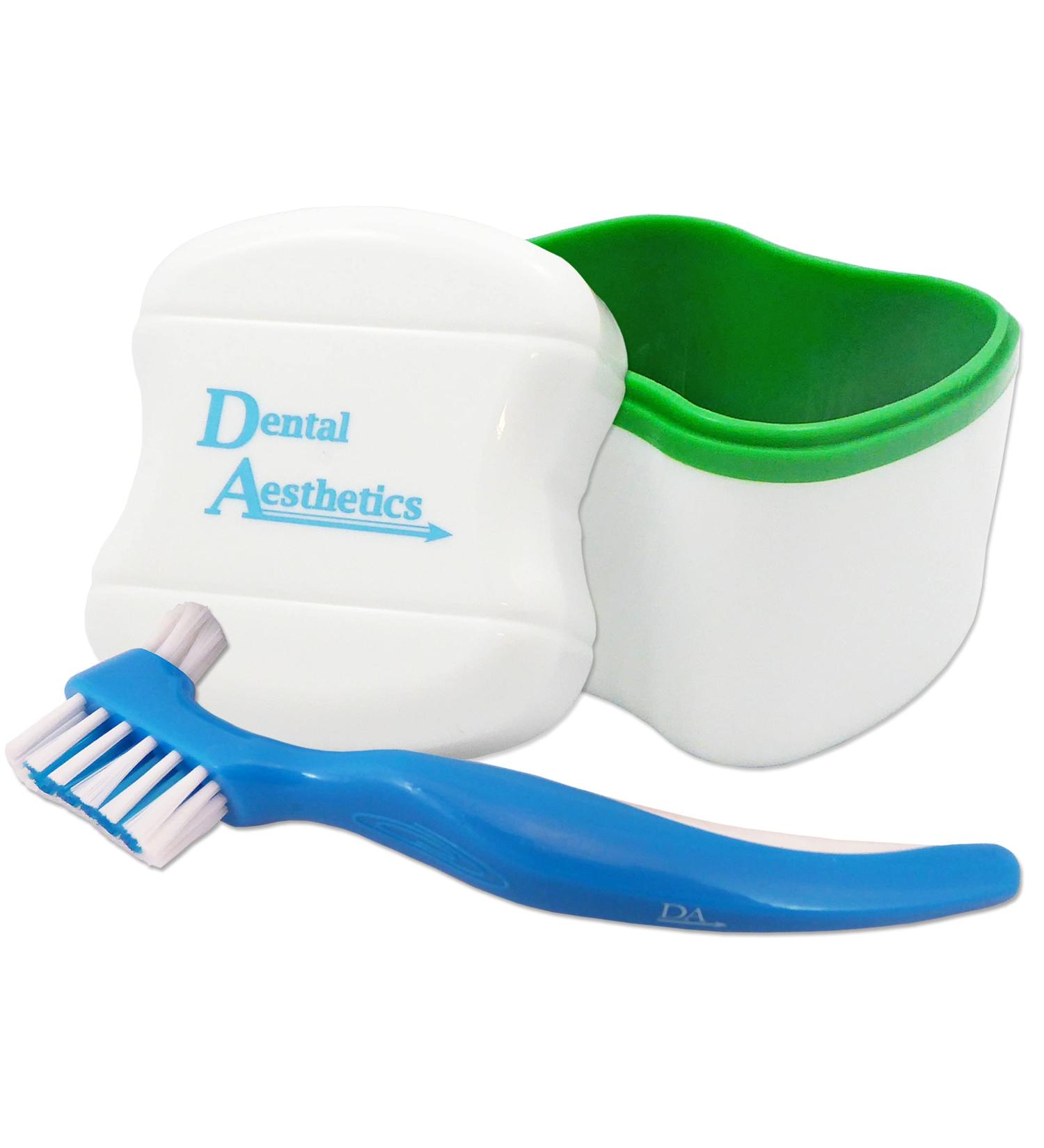 Denture Bath & Brush Storage Container for Soaking Dentures Brush with Double Bristle Head (Green Bath Blue Brush) - Buy Online on GoSupps.com