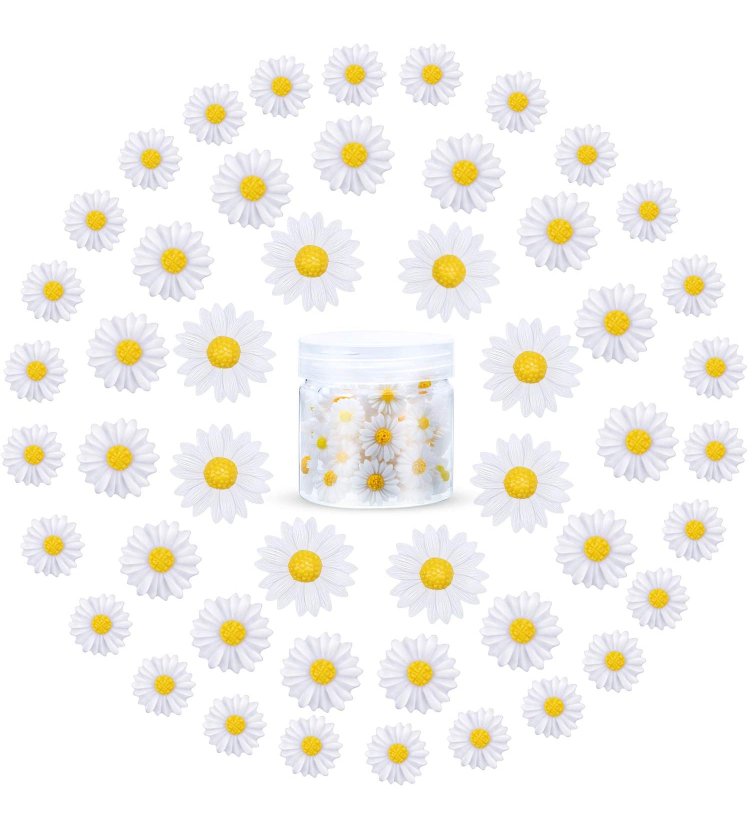 Hicarer 50 Pieces Flatback Resin Daisy Flowers - Mini Decorative Artificial Charms in Storage Box for DIY Crafts - 3 Sizes (White and Yellow) - Buy Online on GoSupps.com