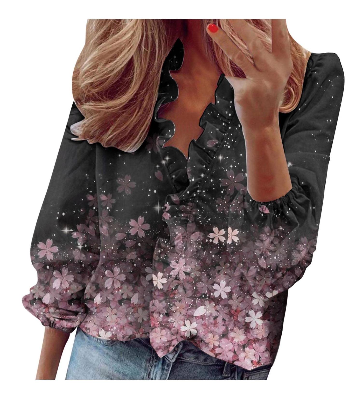 AMhomely Ruffle Blouse for Women V Neck Long Sleeve Blouse Top Shirt Blouse Boho Floral Printed Shirts Ladies Elegant Shirt Office Work Blouses UK Size S M L XL XXL XXXL XXXXL XXXXXL 018 - Long Sleeve Tee Shirts - Pink S - Buy Online on GoSupps.com