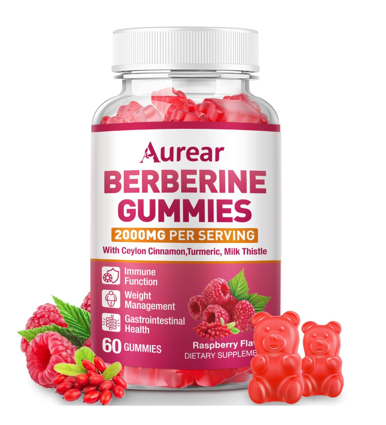 Aurear Berberine Gummies 2000mg High Potency Berberine HCI Suitable for Men Women and Children of All Ages it Supports Immune and Gut Health.Raspberry FlavorSupport - 60 Count - Buy Online on GoSupps.com