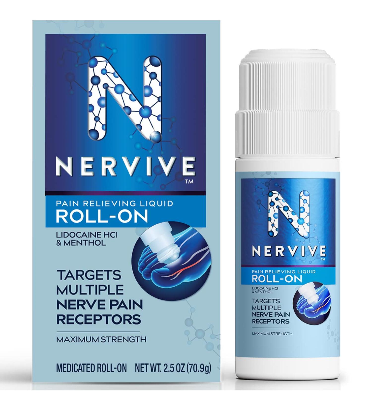 Nervive Nerve Care Pain Relief Roll On Liquid - Max Strength Topical Relief with Lidocaine & Menthol - For Toes, Feet, Fingers, Hands, Legs & Arms - 2.5oz - Buy Online on GoSupps.com