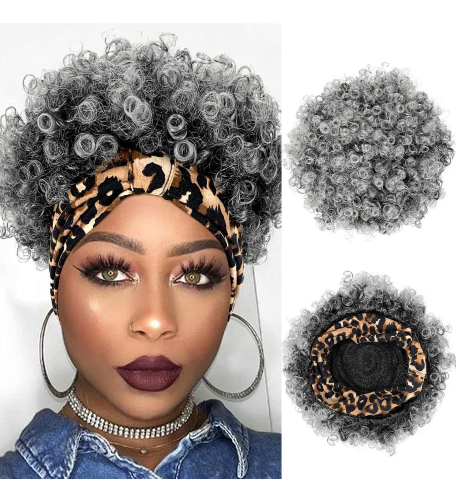 Allyreetress Short Curly Wig with Headband | Synthitic Kinky Curly Afro Puff | Yellow Leopard Print T1B/Grey - Buy Online on GoSupps.com