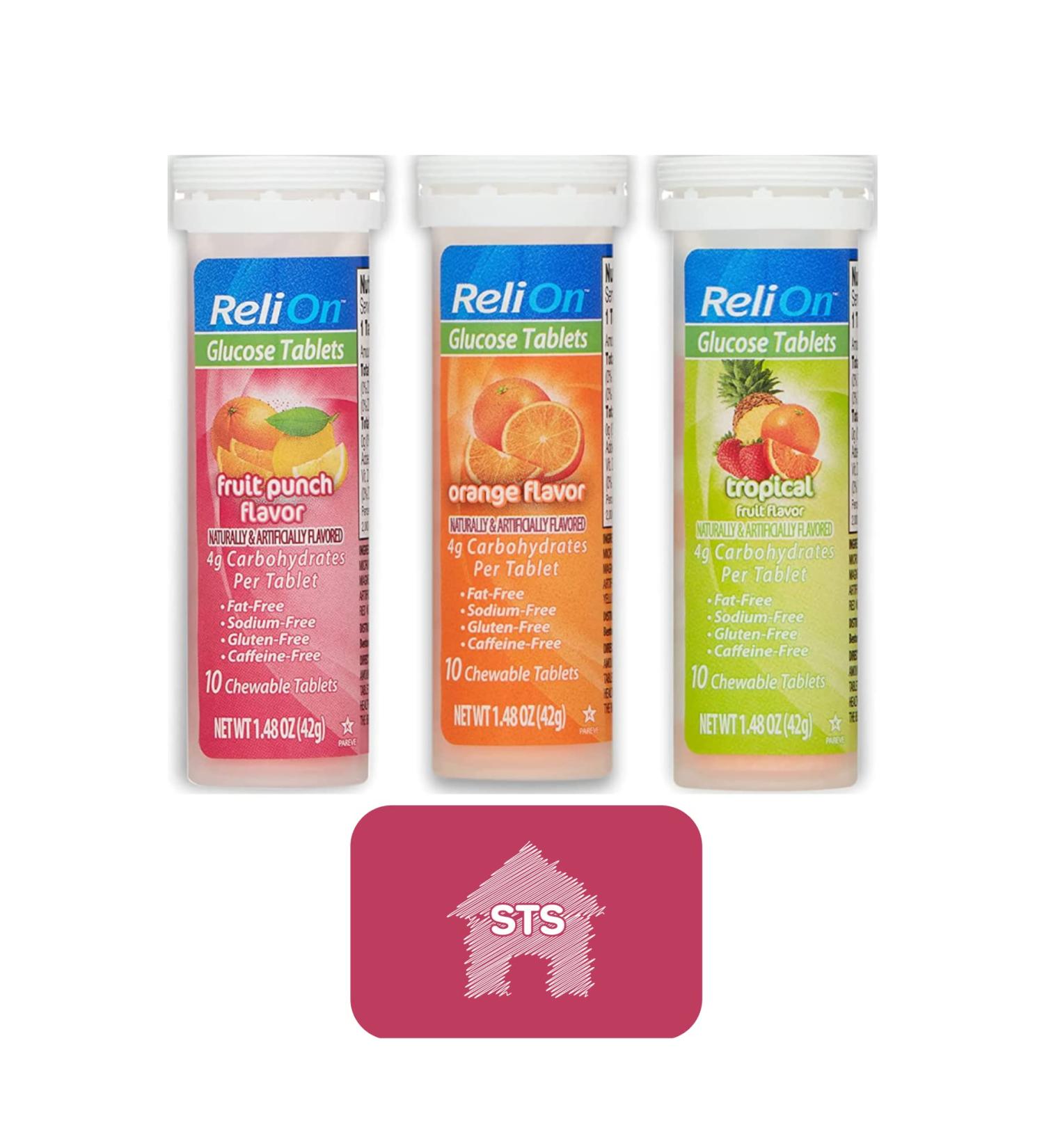 Relion Glucose Tablets (Mix Flavors) Orange Tropical and Fruit Punch - Total 30 Tablets + STS Sticker.