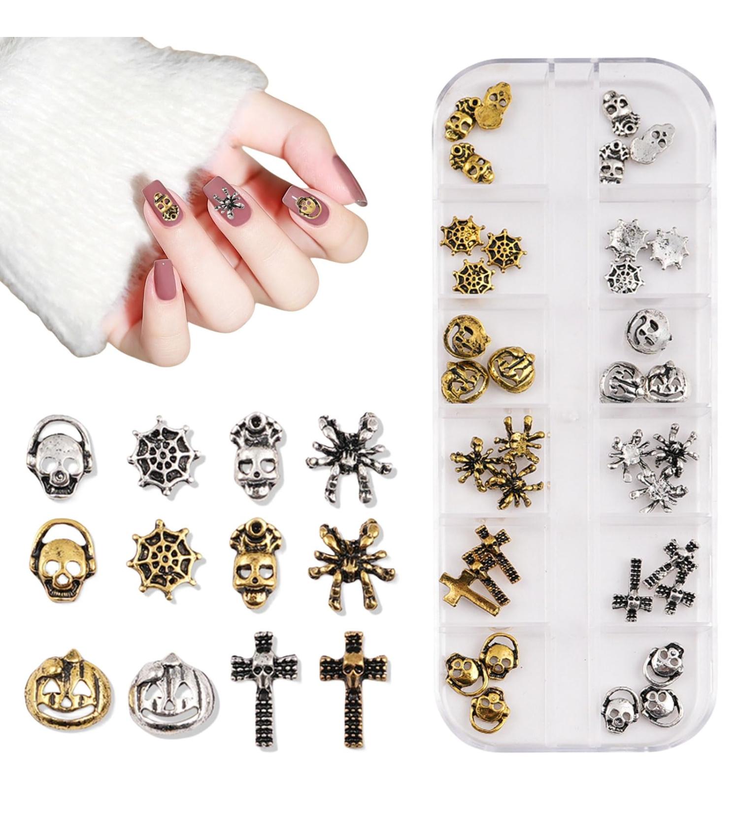 3D Halloween Nail Art Charms 1Box 12Grids Skull Pumpkin Bat Spider Web Cross Alloy Nail Art Jewelry Decoration Gold Silver Nail Gems Rhinestones Nail Supplies for Nail Design DIY Crafts (C Pattern) - Buy Online on GoSupps.com
