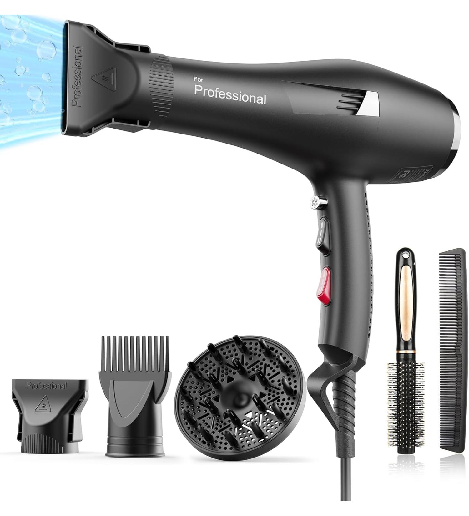 Dekuri Professional Ionic Hair Dryer AC Motor Fast Drying Salon Blow Dryer with Diffuser Nozzle for Curly and Straight Hair Cool Button 2 Speed & 3 Heat Setting - Black - Buy Online on GoSupps.com