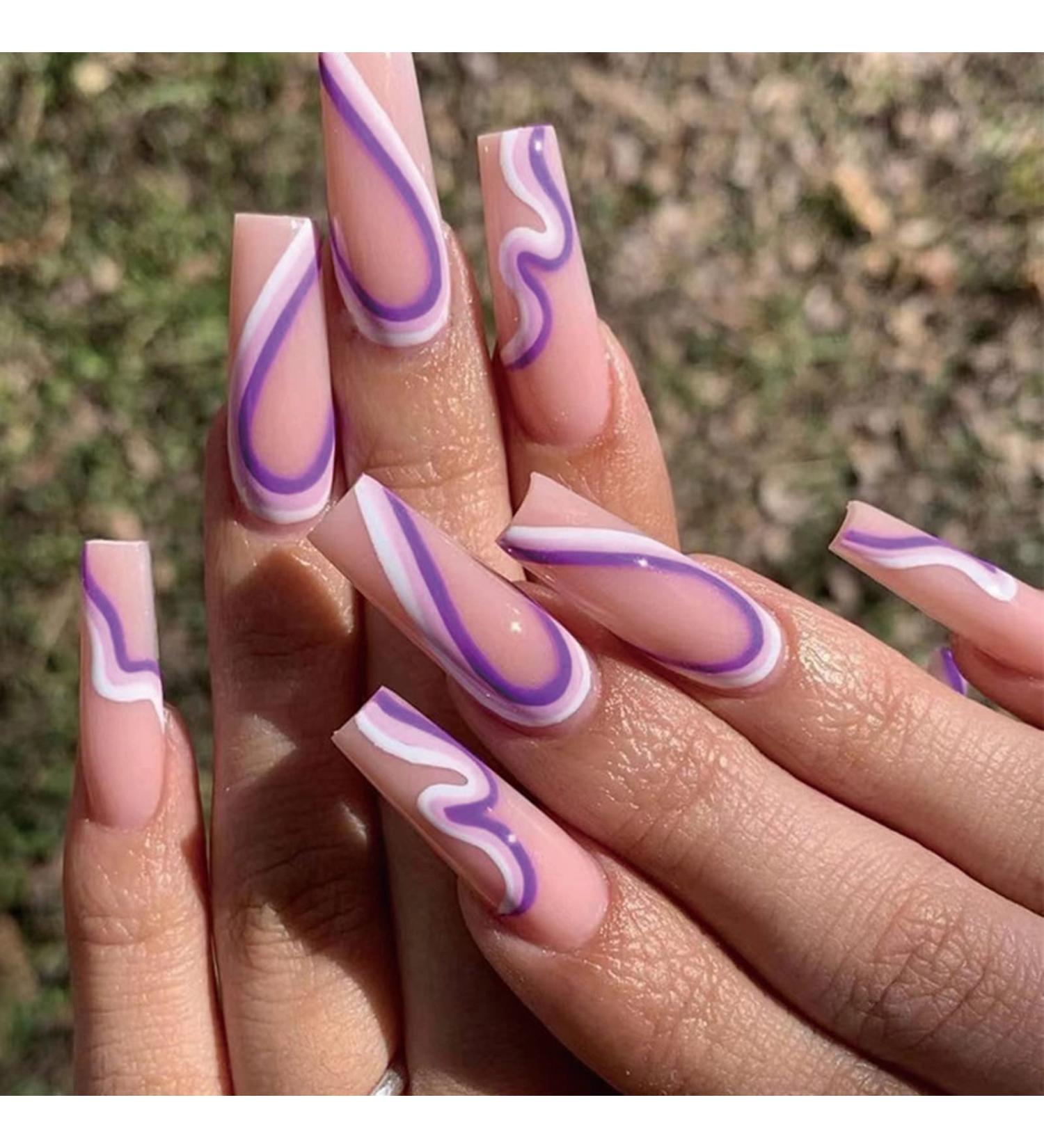 Justotry 24 Pieces Purple Swirl Press-On Nails | Wavy Coffin Art Nails for Women | Ballerina Fake Nails | Purple & White Design - Buy Online on GoSupps.com