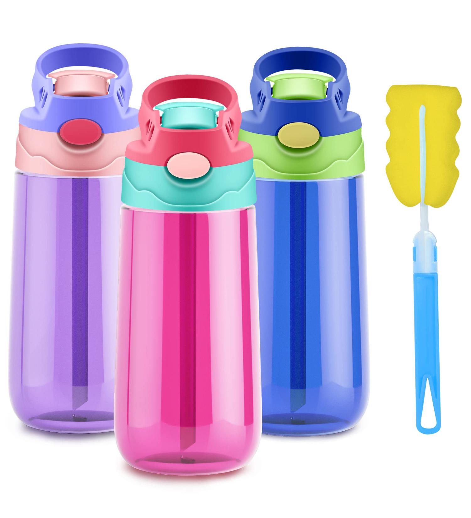 ROISDIYI Kids Water Bottle with Straw - 16oz 3 Pack, Spill Proof & Ideal for Travel - Easy Clean, Dishwasher Safe - Press Button for Pop Up Straw - Buy Online on GoSupps.com