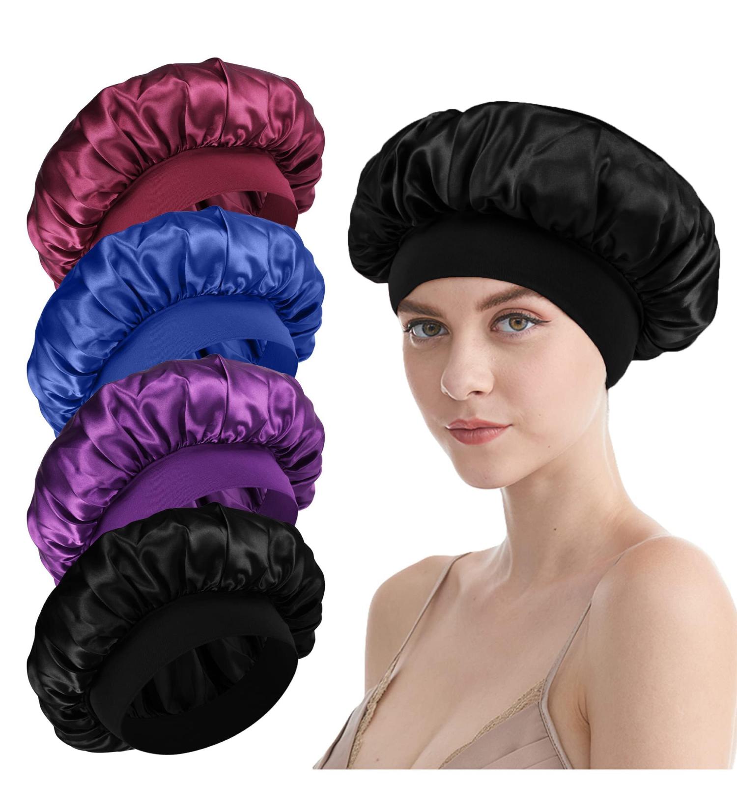 LADES Silk Satin Bonnet-4 Packs Women Satin Hair Bonnet for Curly Hair Satin Bonnet Silk Sleep Cap Silk Hair Wrap for Sleeping Black Hair Black+Purple+Red+Sapphire blue - Buy Online on GoSupps.com