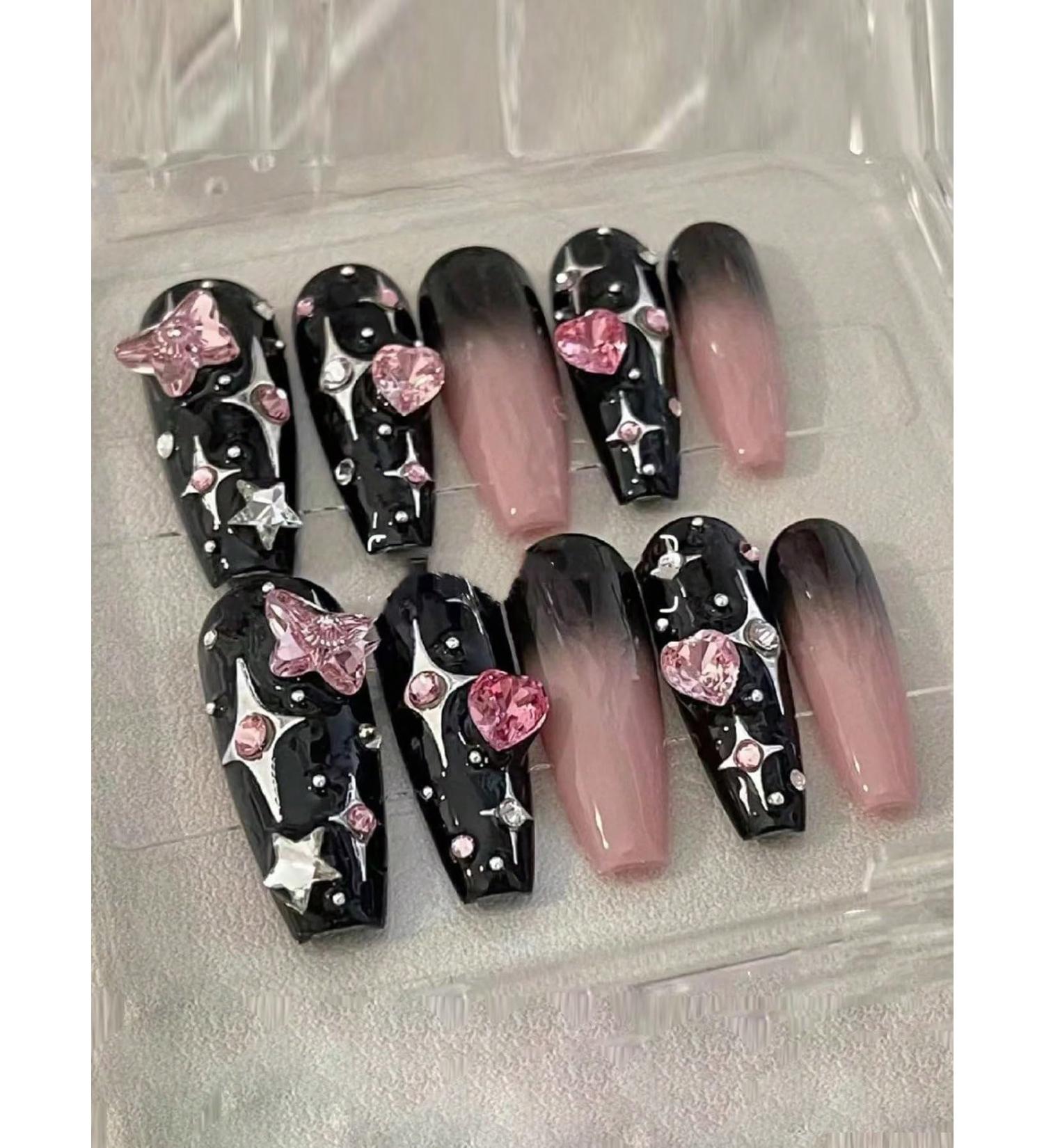 10pcs Star Heart Black Coffin Fake Nail Bow Heart Press on Nails Heart Rhinestone Long Coffin Nails Luxurious Nails Acrylic Nails Fake Nails For Women Girls - Buy Online on GoSupps.com