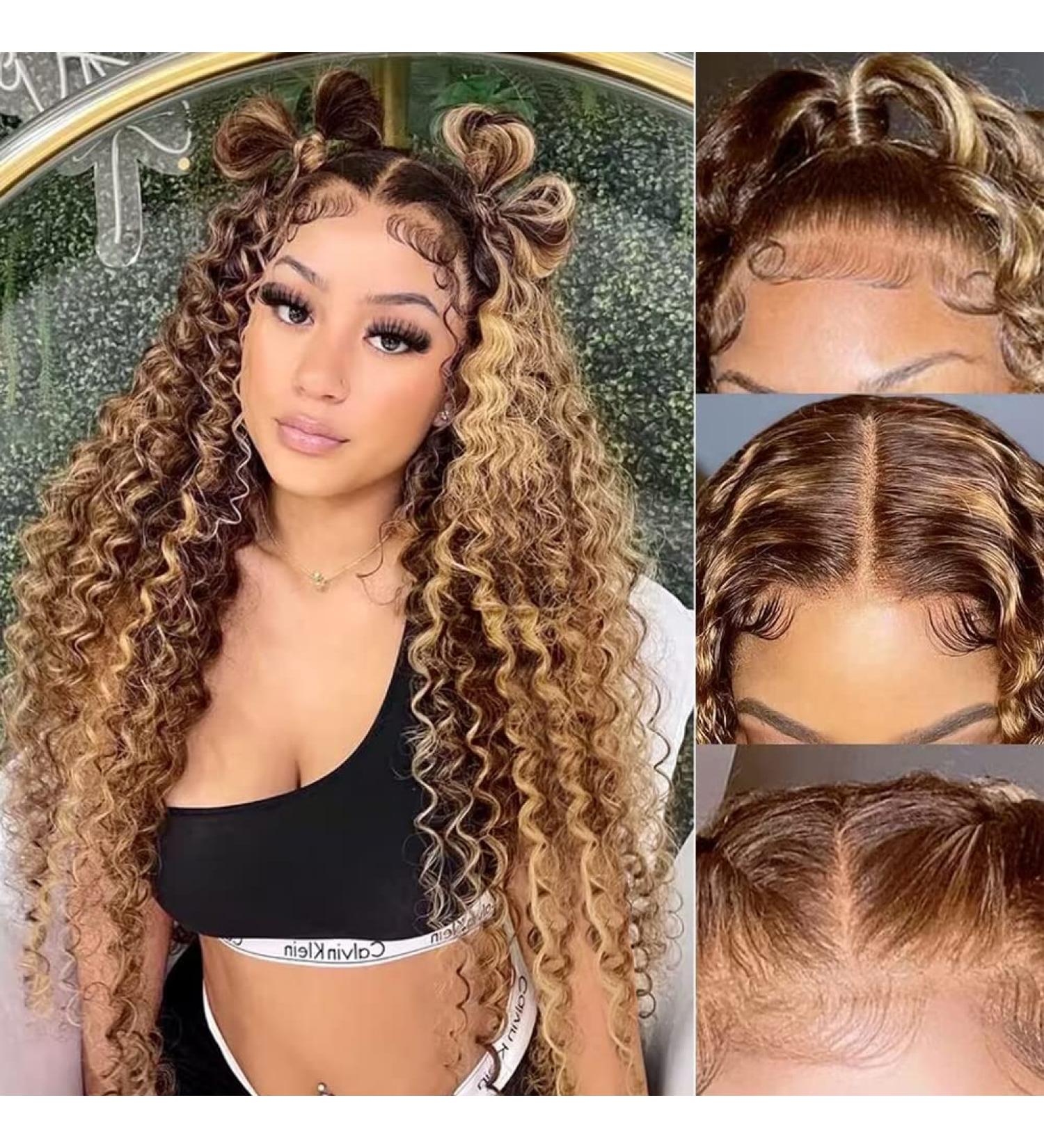 20 Inch Ombre Highlight Lace Front Curly Wig 4/27 150% Density Honey Blonde Human Hair - 13X4 HD Lace Frontal, Pre Plucked with Baby Hair - Buy Online on GoSupps.com
