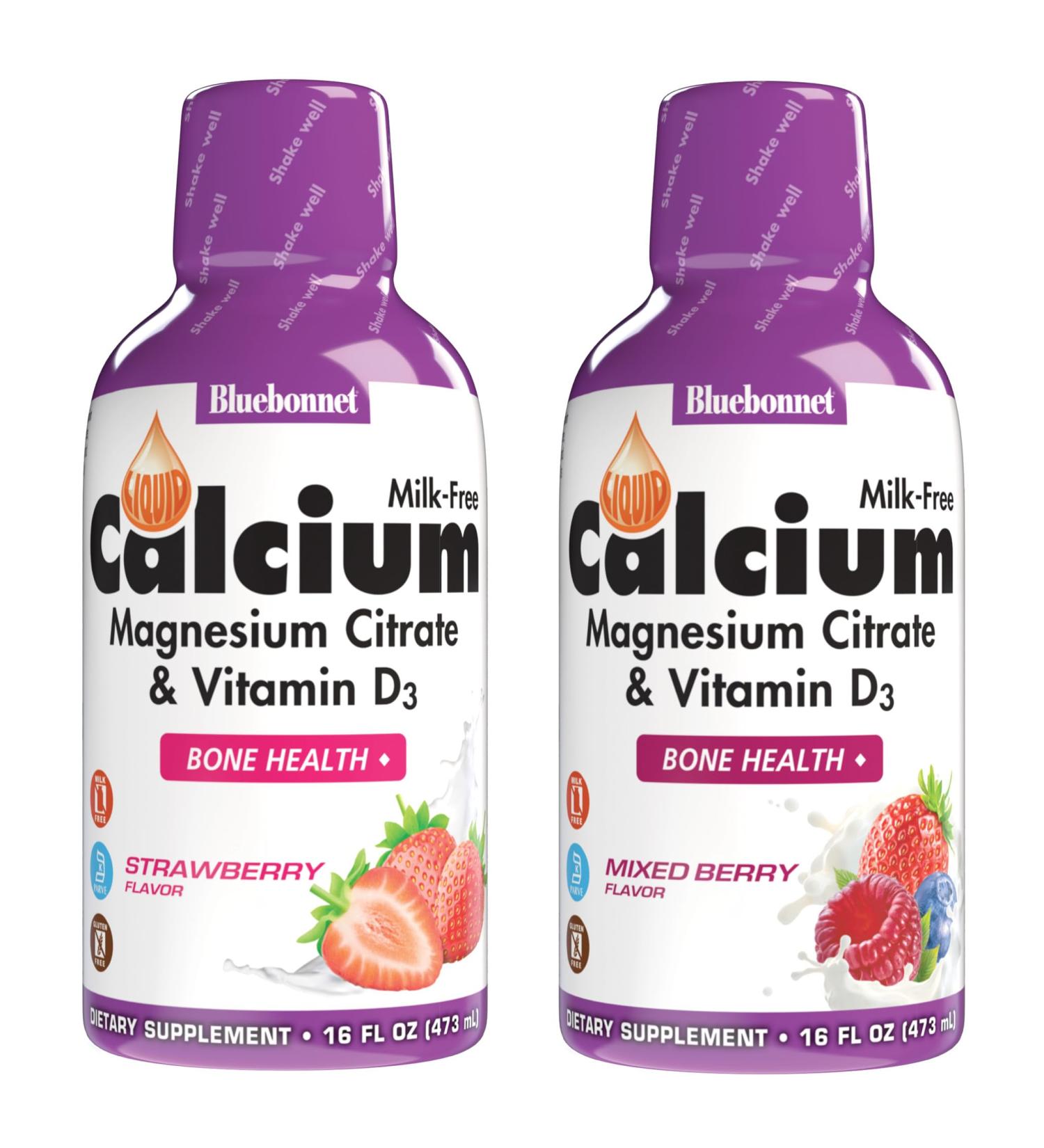 Bluebonnet Nutrition Liquid Calcium Magnesium Citrate & Vitamin D3 Daily Bone Support Supplement - Strawberry & Mixed Berry Bundle - Buy Online on GoSupps.com