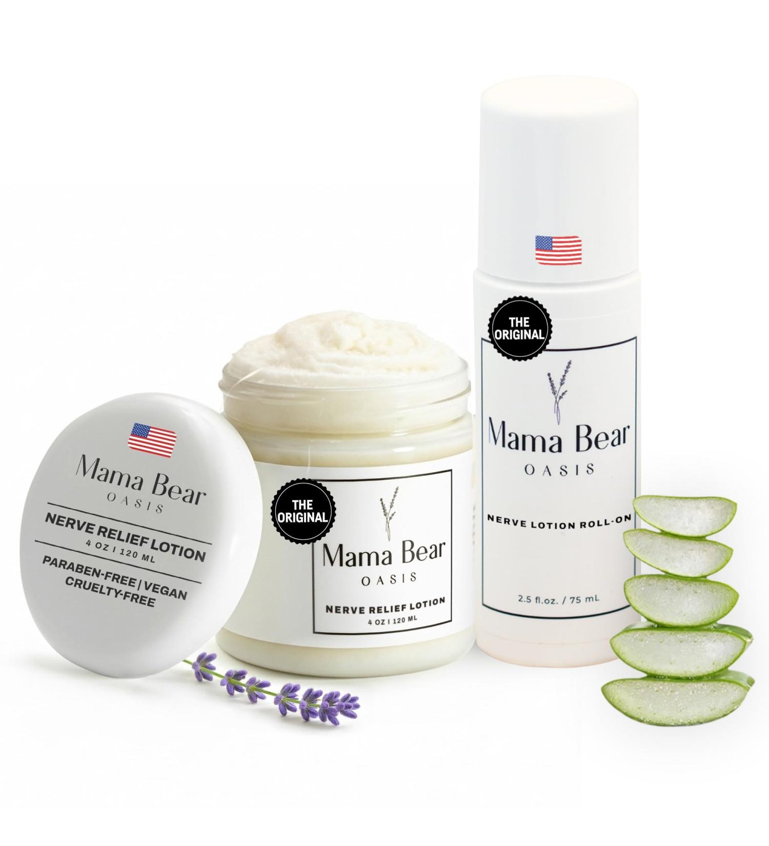 Mama Bear Oasis Comfort Bundle Magnesium Lotion + Roll On Nerve Support | Fast Absorbing Non-Greasy Relief with Natural Ingredients Hydrating Cream for Feet Legs toes & Nerve Support - Buy Online on GoSupps.com