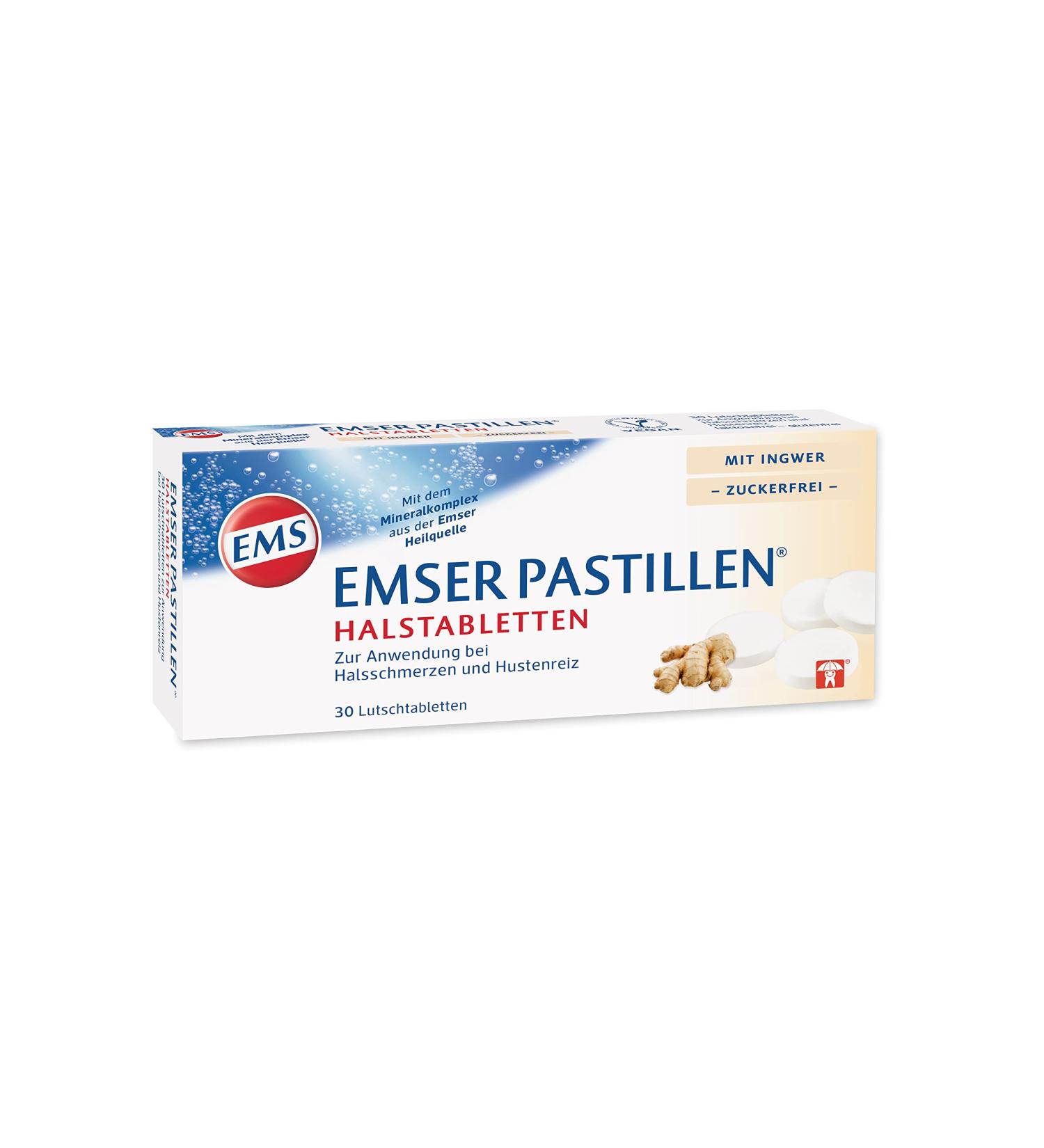 Emser Pastilles Half Tablets with Ginger - Sugar-Free Relief for Sore Throat Cough & Swallowing Symptoms - 30 Count - Buy Online on GoSupps.com