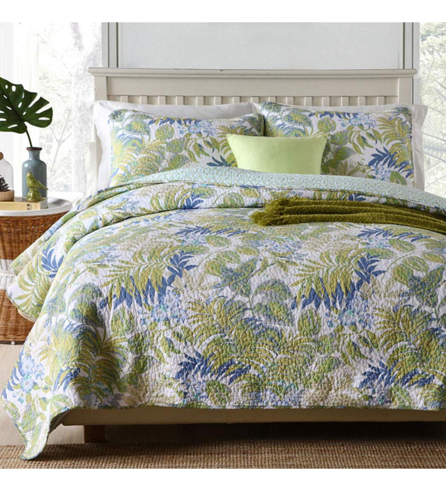 Tropical Plants Pattern Cotton Quilted Bedspread Quilt Sets 3 Pieces Printed Coverlet Set Classic Bohemian Pattern Green Queen Size Soft (Green Queen(91"x98")) - Buy Online on GoSupps.com