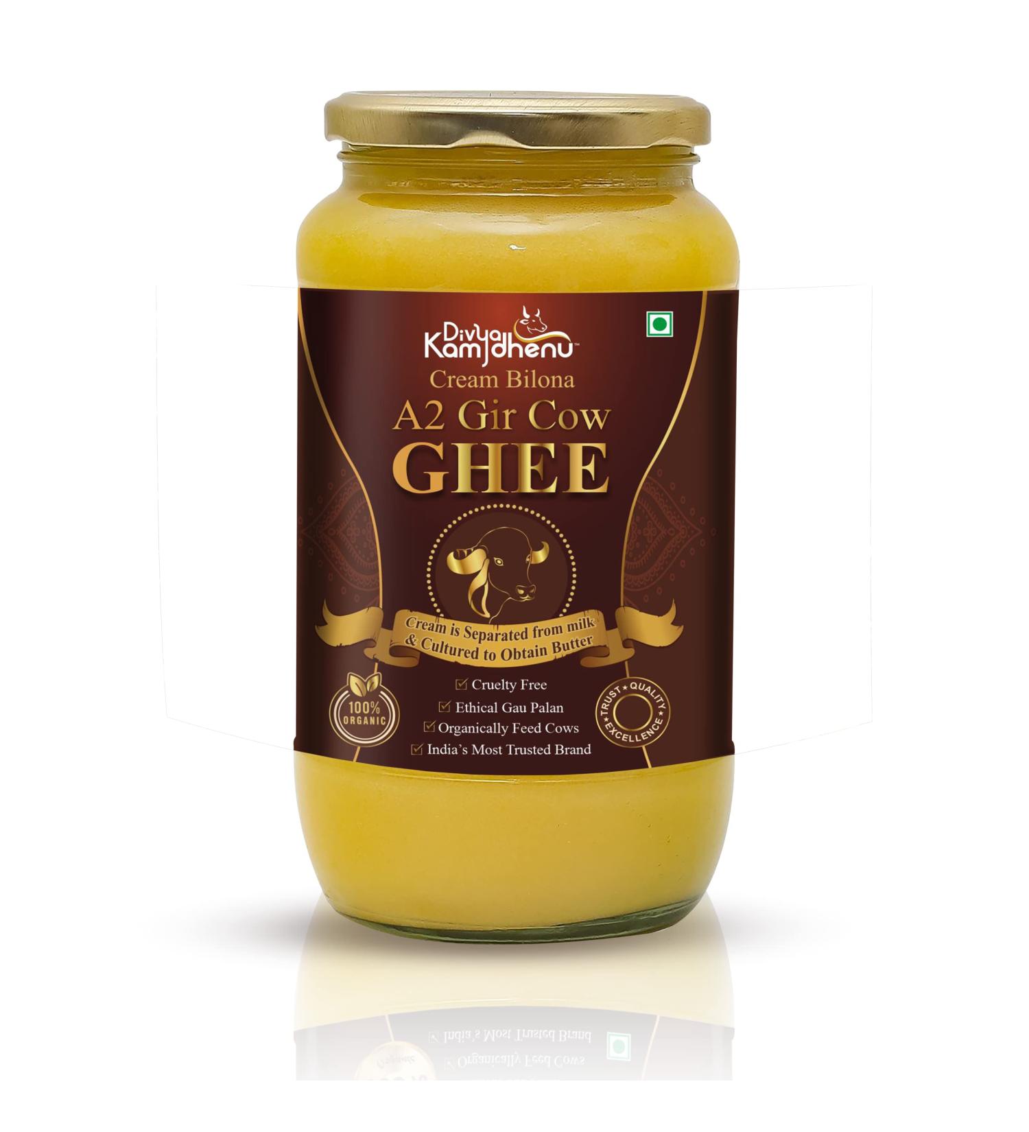Divya Kamdhenu Cream Bilona A2 Gir Cow Ghee Cream is separated from milk and cultured to obtain butter Desi Gir Cow Bilona Ghee Grassfed Cultured 250 Ml Glass Bottle - Buy Online on GoSupps.com