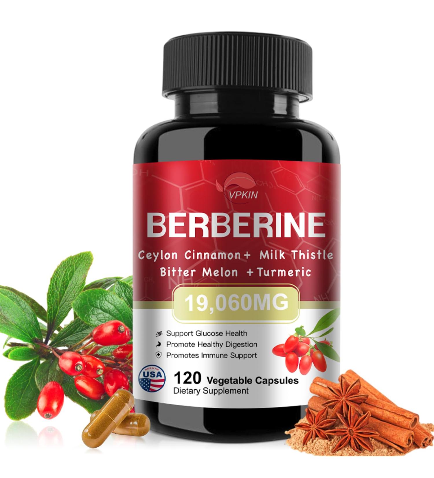 VPKIN Berberine Supplement 19 060mg Berberine with Ceylon Cinnamon Bitter Melon Milk Thistle Berberine HCl Supplement(120 Capsules) - Buy Online on GoSupps.com