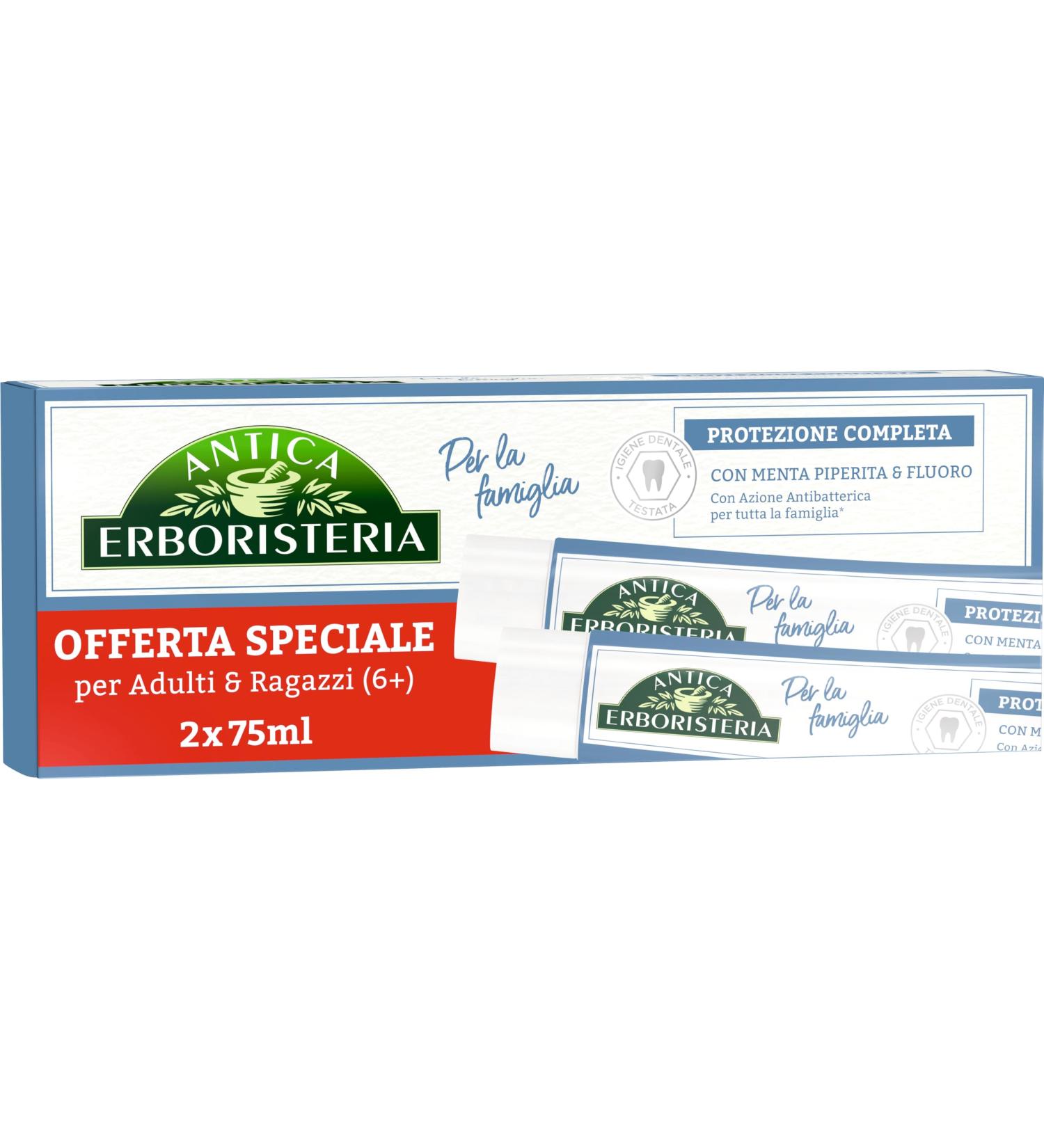 Antica Erboristeria - Family Toothpaste Complete Protection with antibacterial action with peppermint and fluoride - 75 ml x 2