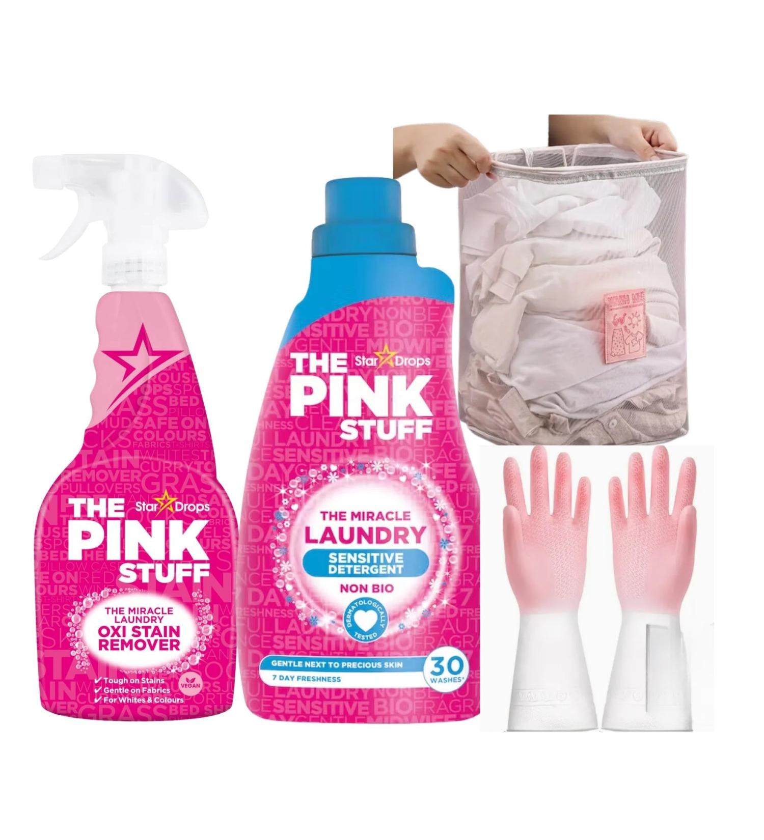 The Pink Laundry & Stain Remover For Clothes- Includes 500ml The Pink Stuff Spray Oxi Stain Remover 960ml Non Bio Washing Liquid Sensitive Detergent Bundled with Pink Reusable Gloves & Laundry Basket. - Buy Online on GoSupps.com