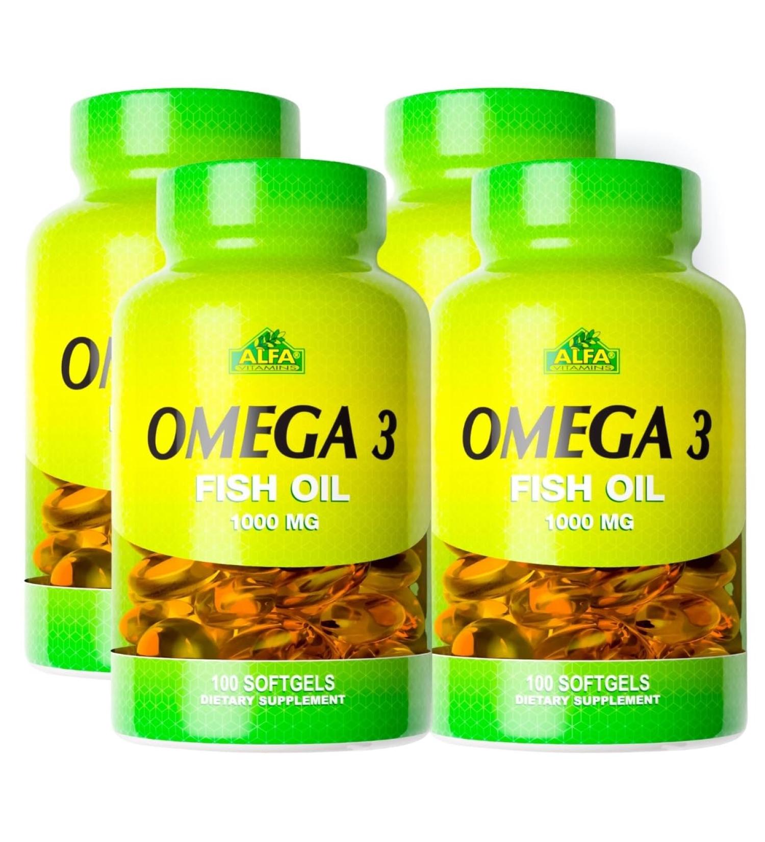 ALFA VITAMINS Omega 3 Fish Oil 1000mg Supplement, Supports Heart Health, Brain Function, Joint Mobility & Skin Hydration, 300mg Omega-3, 180mg EPA, 120mg DHA, 100 Softgels per Bottle, 4 Pack - Buy Online on GoSupps.com