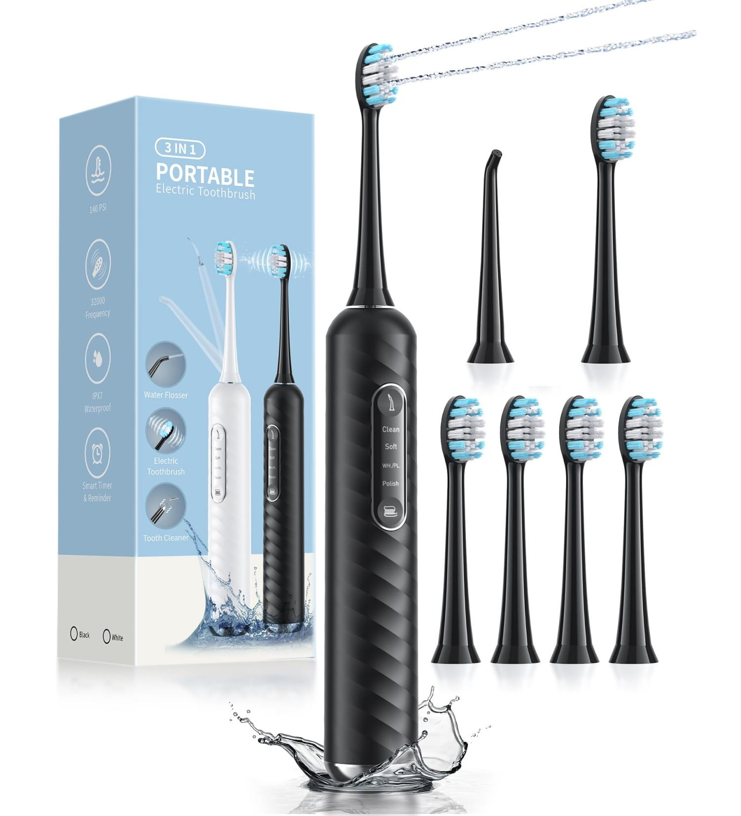 Buy Electric Toothbrush with Water Flosser - 3 in 1 Cordless Combo Portable for Travel & Home 10 Piece Set - Ideal for Multiple Users - Black - Buy Online on GoSupps.com