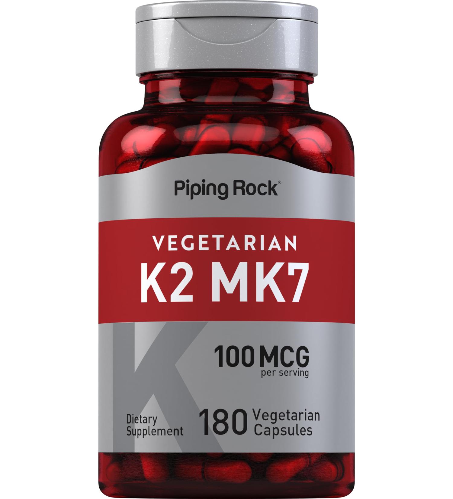 Piping Rock K2 MK7 Vitamin Supplement | 100 mcg | 180 Vegetarian Capsules | Non-GMO Gluten Free - Buy Online on GoSupps.com